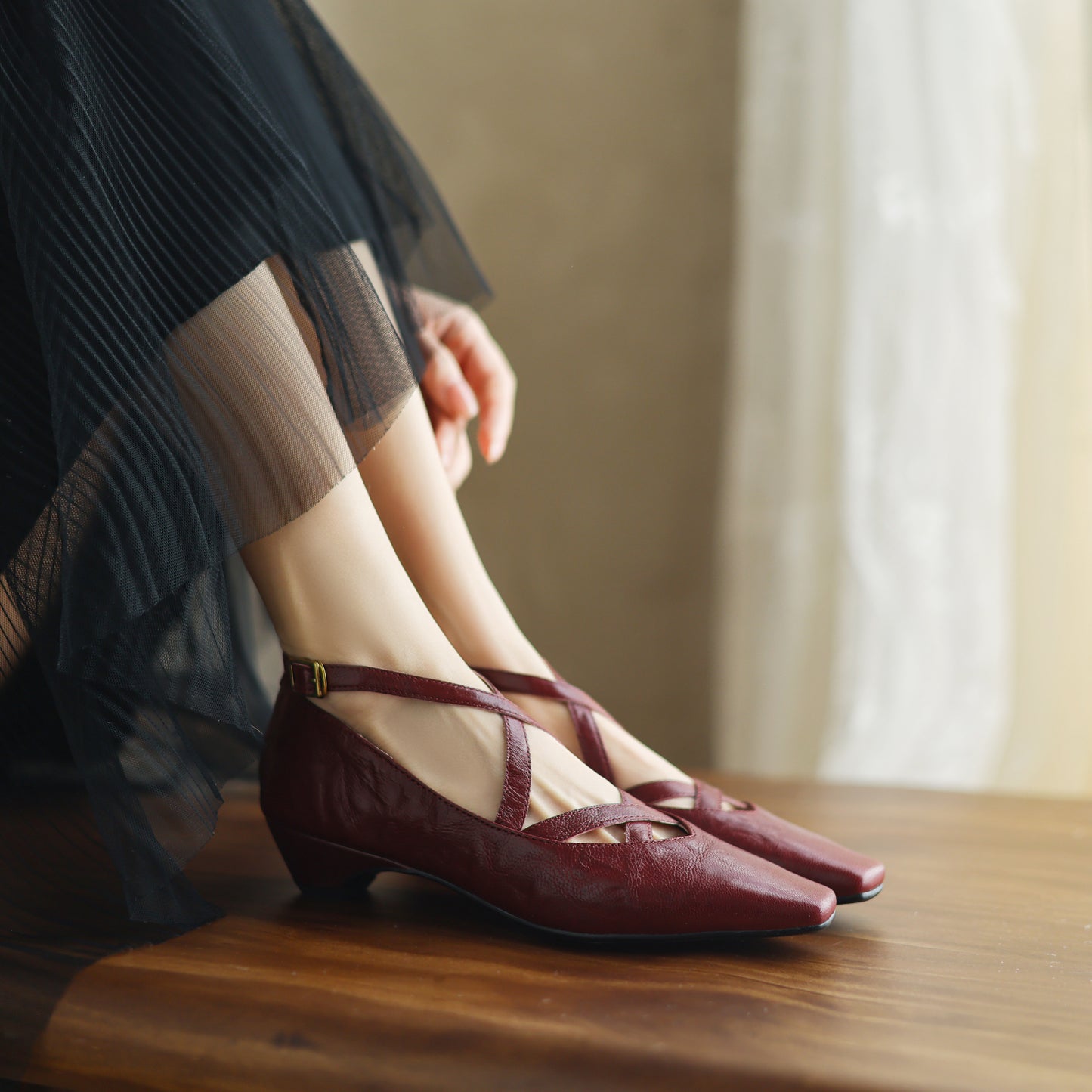 TinaCus Handmade Women's Genuine Leather Square Toe Cross Ankle Strap Mary Jane Shoes