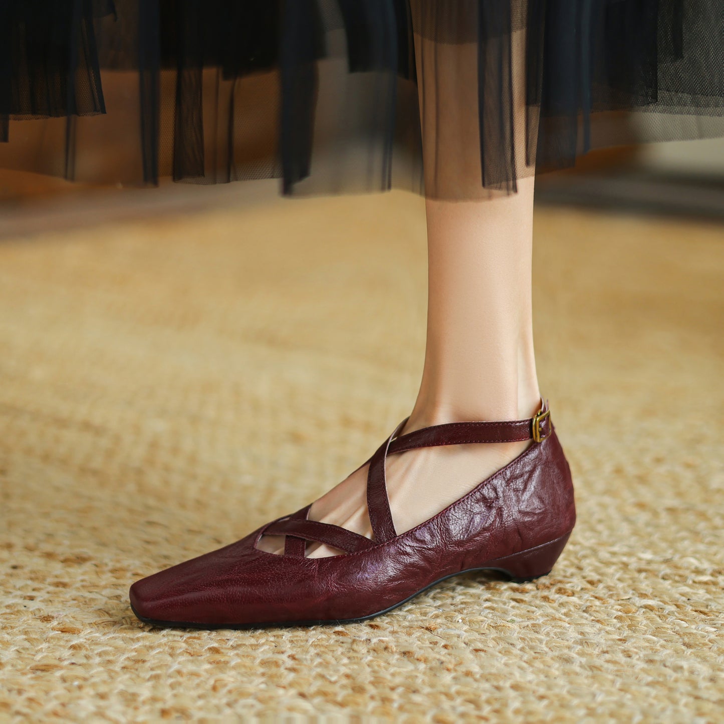 TinaCus Handmade Women's Genuine Leather Square Toe Cross Ankle Strap Mary Jane Shoes