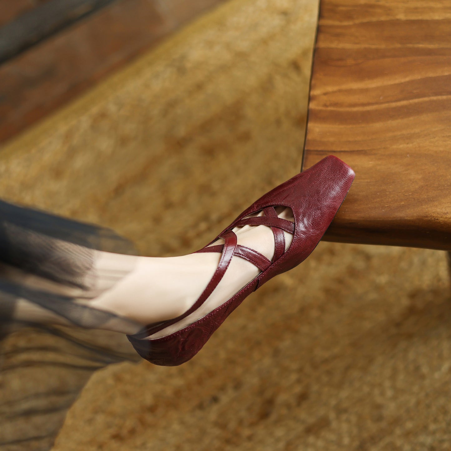 TinaCus Handmade Women's Genuine Leather Square Toe Cross Ankle Strap Mary Jane Shoes