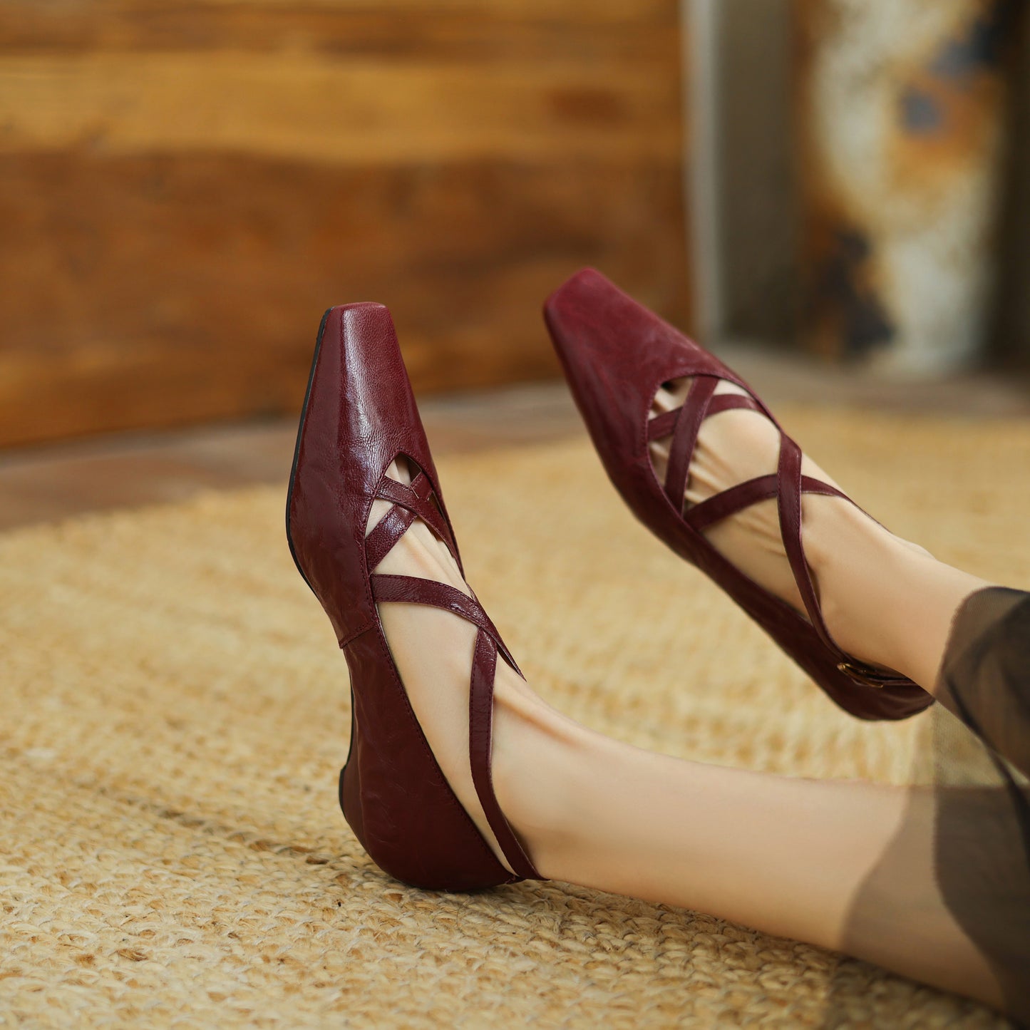 TinaCus Handmade Women's Genuine Leather Square Toe Cross Ankle Strap Mary Jane Shoes