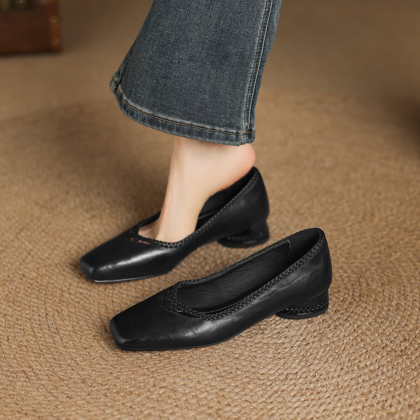 TinaCus Handmade Women's Genuine Leather Square Toe Braid Hollow-Out Chunky Heel Casual Slip On Pump Shoes