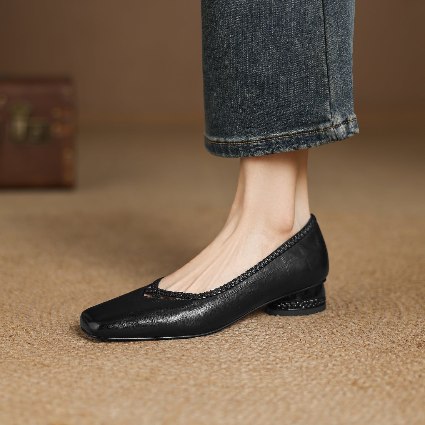 TinaCus Handmade Women's Genuine Leather Square Toe Braid Hollow-Out Chunky Heel Casual Slip On Pump Shoes