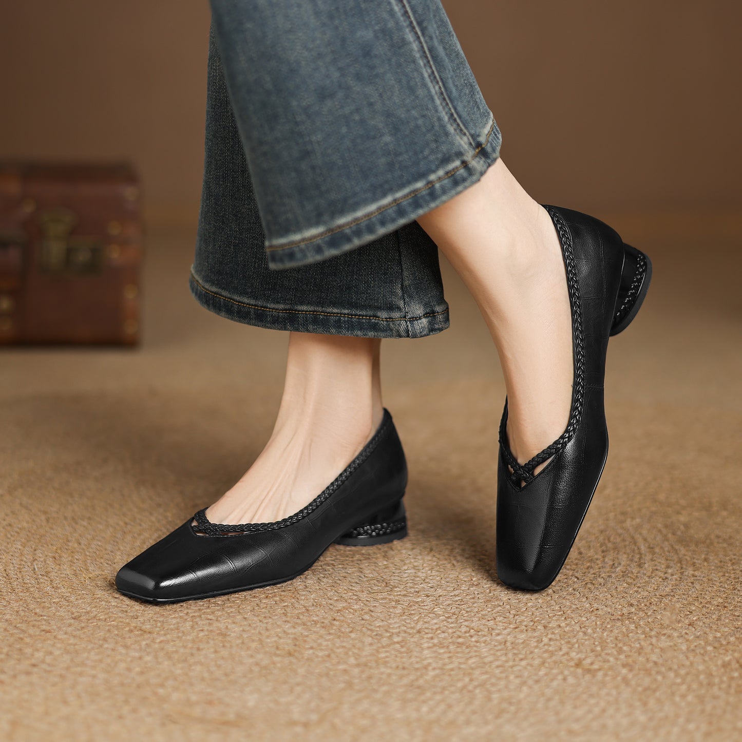 TinaCus Handmade Women's Genuine Leather Square Toe Braid Hollow-Out Chunky Heel Casual Slip On Pump Shoes