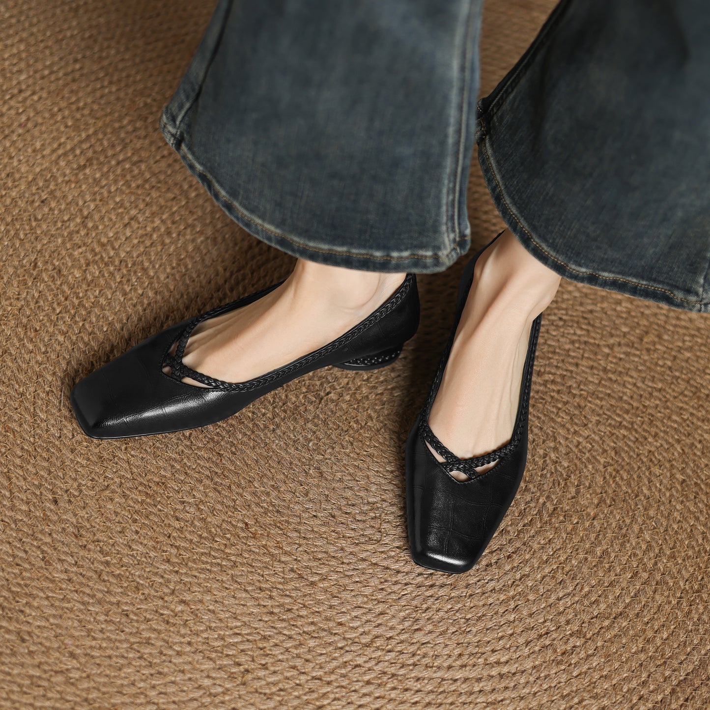 TinaCus Handmade Women's Genuine Leather Square Toe Braid Hollow-Out Chunky Heel Casual Slip On Pump Shoes