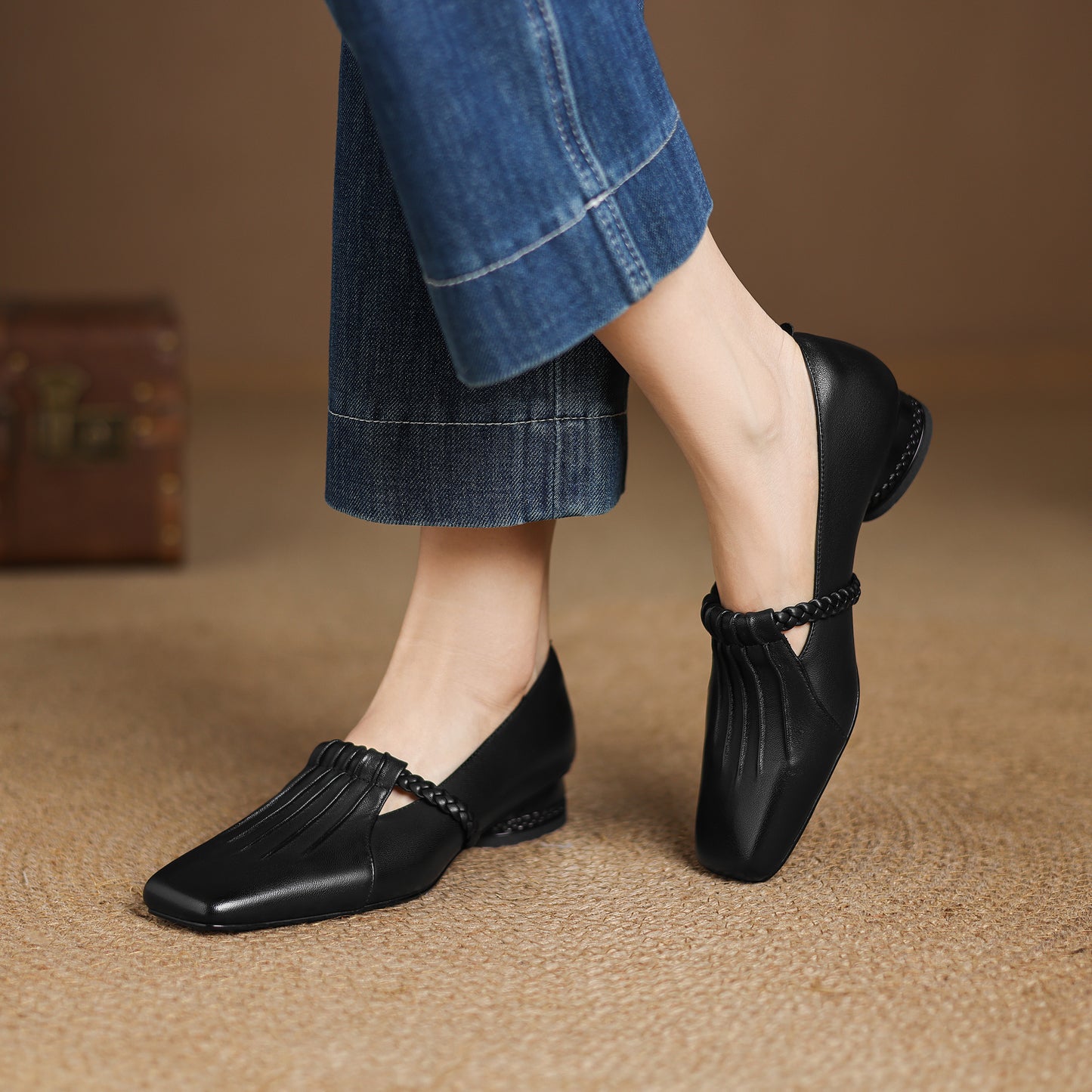 TinaCus Handmade Women's Genuine Leather Square Toe Braided T-Strap Ruched Casual Pump Shoes