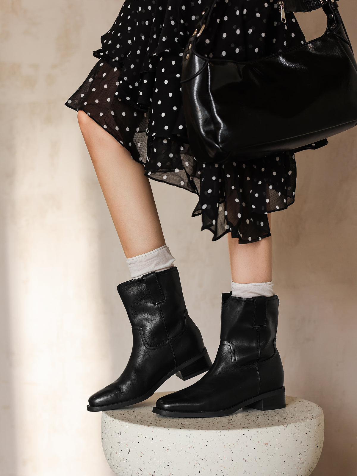 TinaCus Women's Block Heel Pull On Leather Boots Genuine Leather Handmade Square Toe Slip-On Style