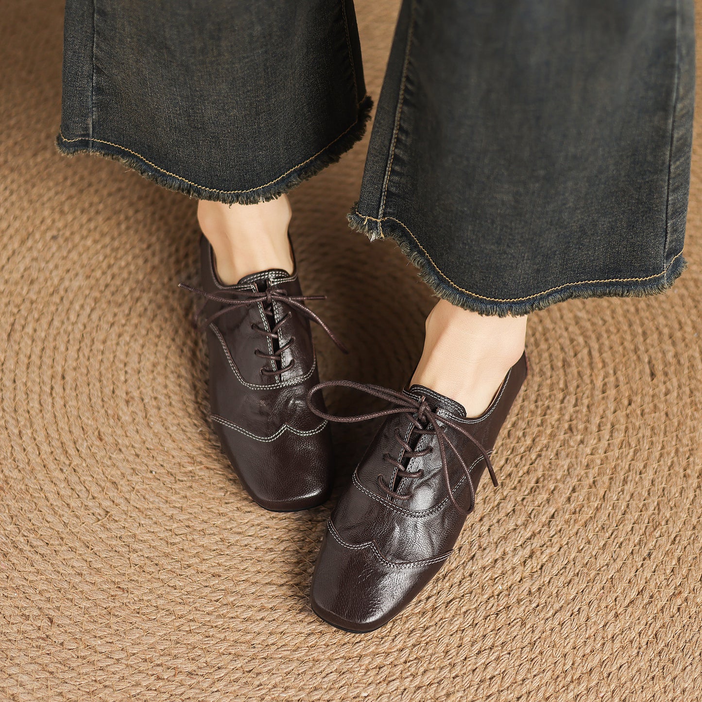 TinaCus Women's Baroque Oxfords Handmade Genuine Leather Retro Square Toe Lace-up Flats