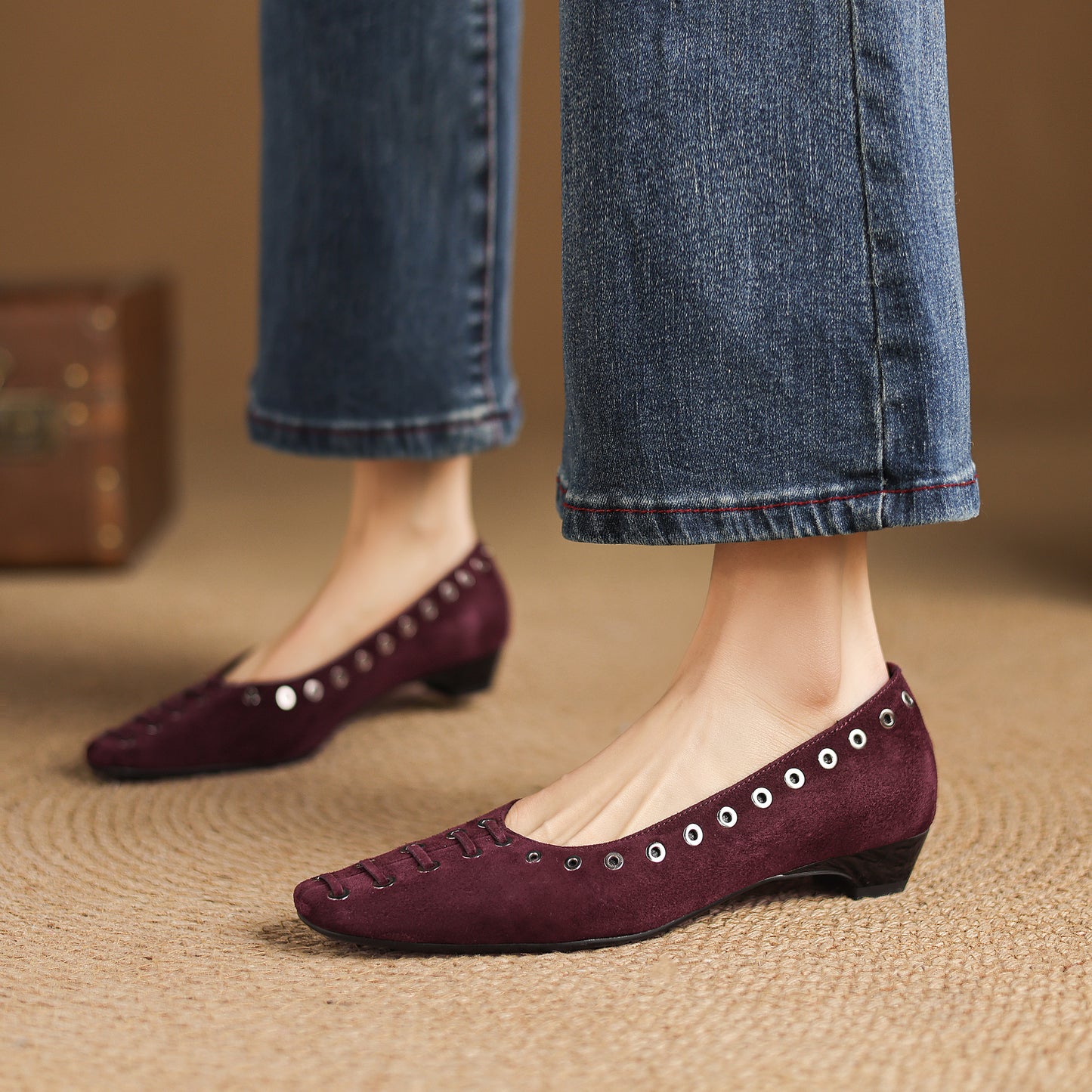 TinaCus Women's Ballet Flats Handmade Suede Leather Square Toe Hollow-Out Comfort Loafer Shoes Party Business