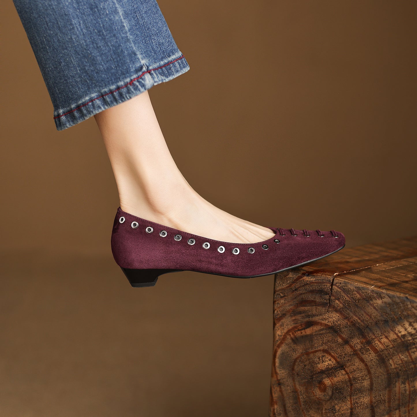 TinaCus Women's Ballet Flats Handmade Suede Leather Square Toe Hollow-Out Comfort Loafer Shoes Party Business