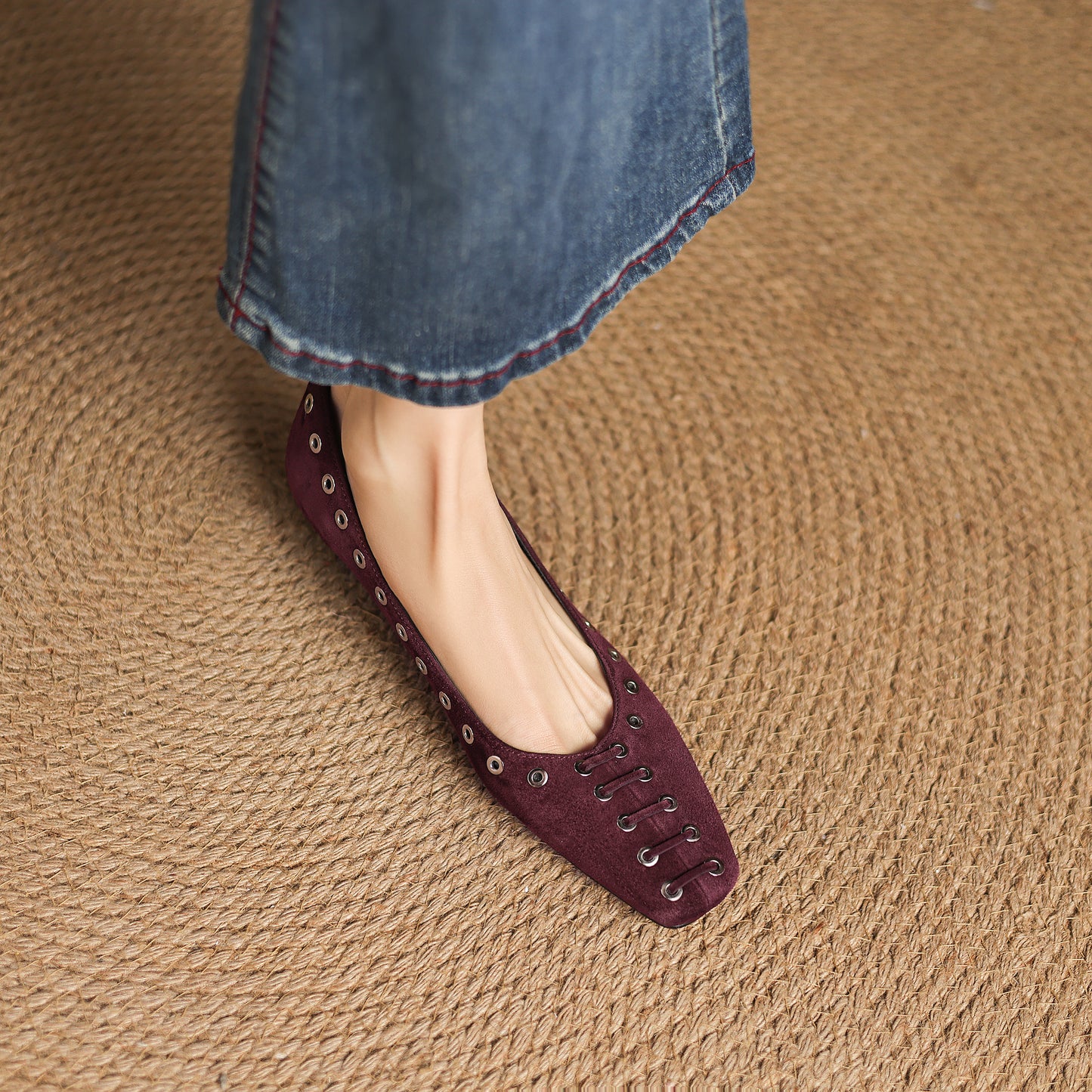 TinaCus Women's Ballet Flats Handmade Suede Leather Square Toe Hollow-Out Comfort Loafer Shoes Party Business