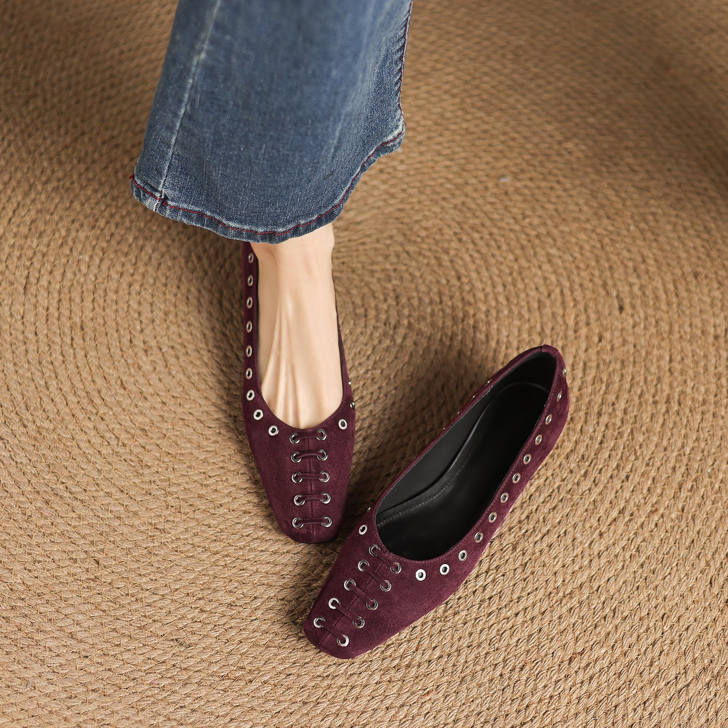 TinaCus Women's Ballet Flats Handmade Suede Leather Square Toe Hollow-Out Comfort Loafer Shoes Party Business