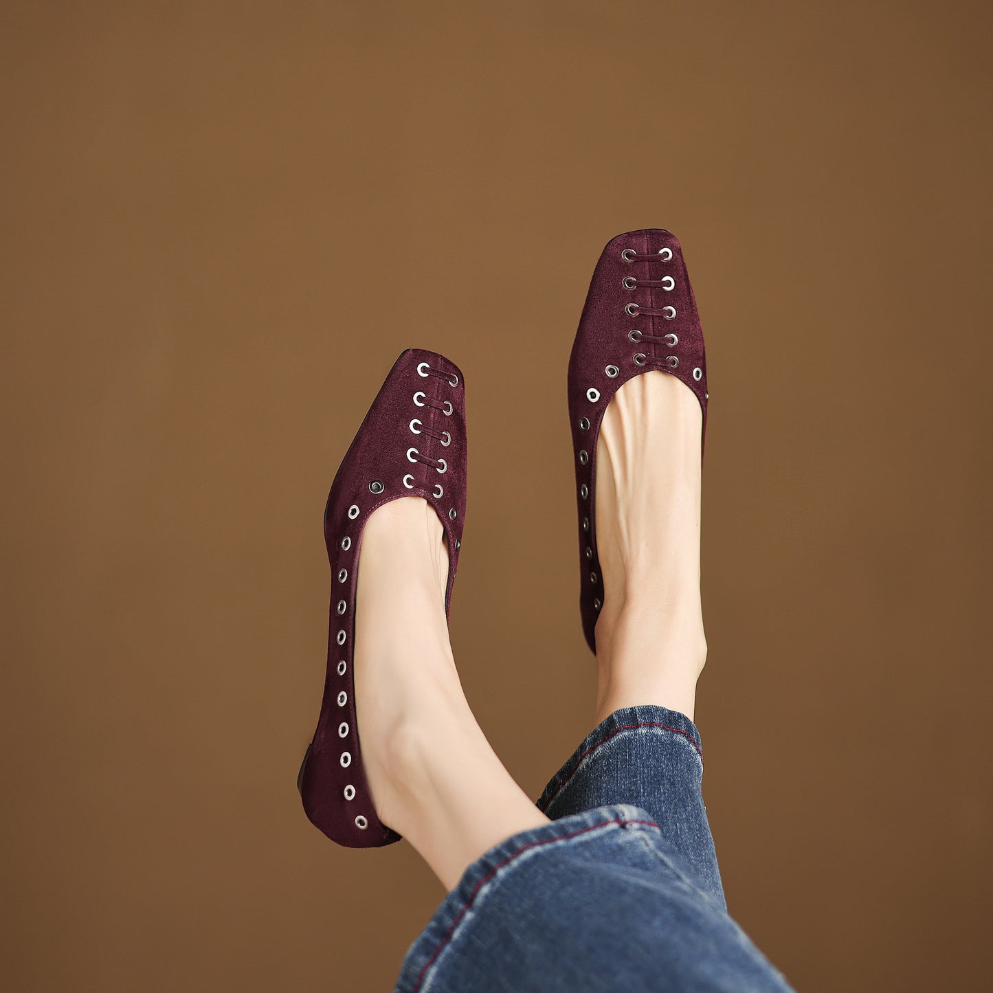 TinaCus Women's Ballet Flats Handmade Suede Leather Square Toe Hollow-Out Comfort Loafer Shoes Party Business