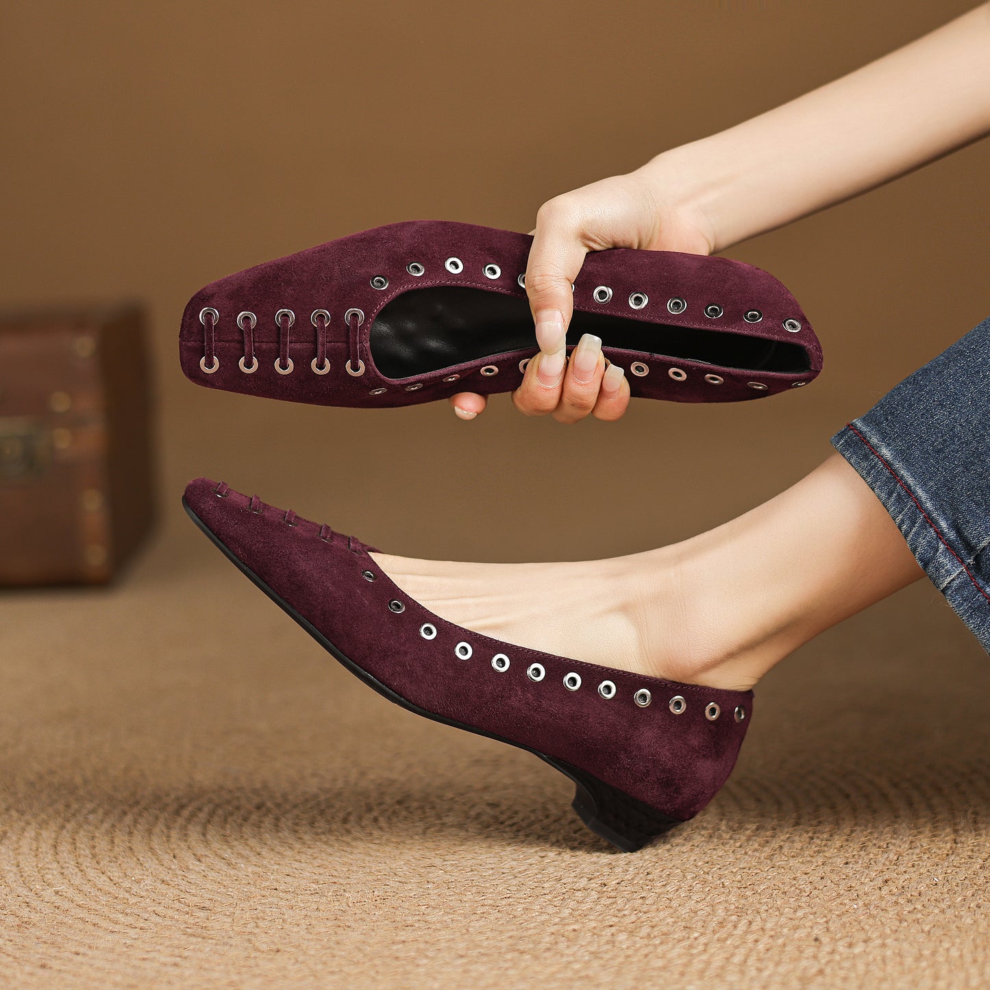 TinaCus Women's Ballet Flats Handmade Suede Leather Square Toe Hollow-Out Comfort Loafer Shoes Party Business