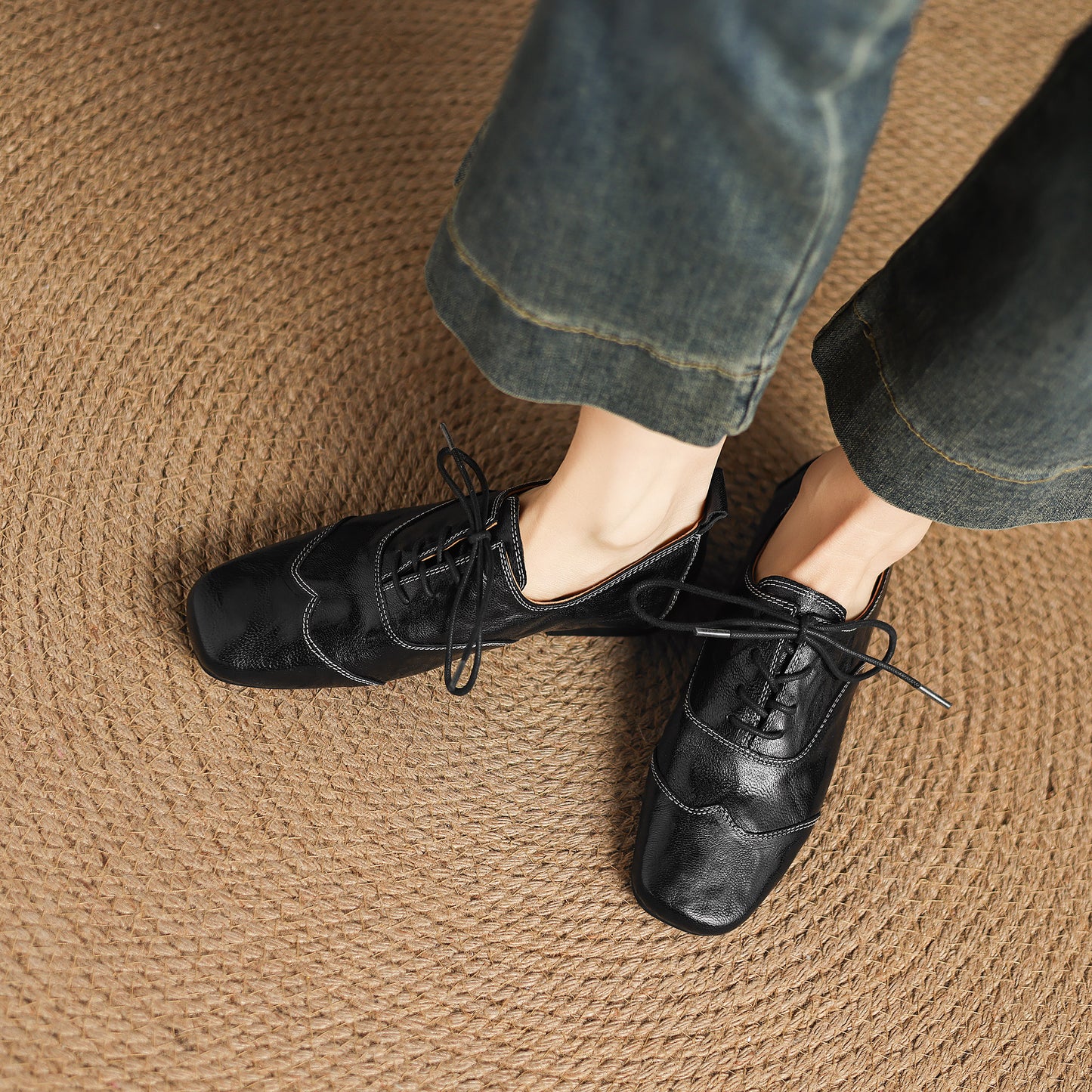 TinaCus Women's Baroque Oxfords Handmade Genuine Leather Retro Square Toe Lace-up Flats