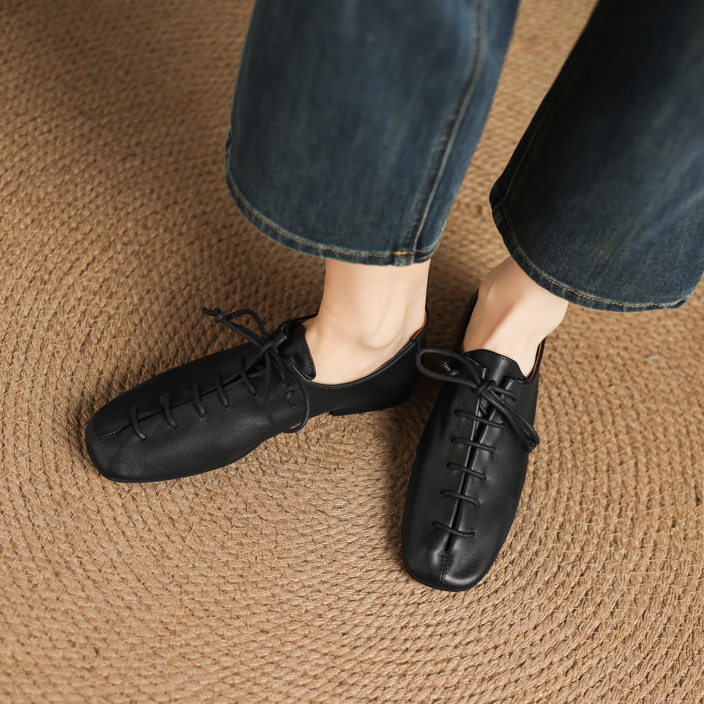 TinaCus Women's Lace-up Loafers Handmade Soft Leather Square Toe Daily Work Business Casual Flats