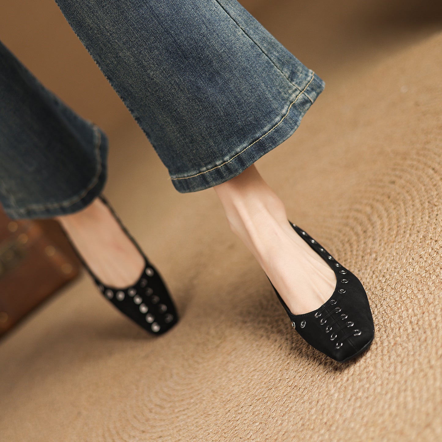 TinaCus Women's Ballet Flats Handmade Suede Leather Square Toe Hollow-Out Comfort Loafer Shoes Party Business