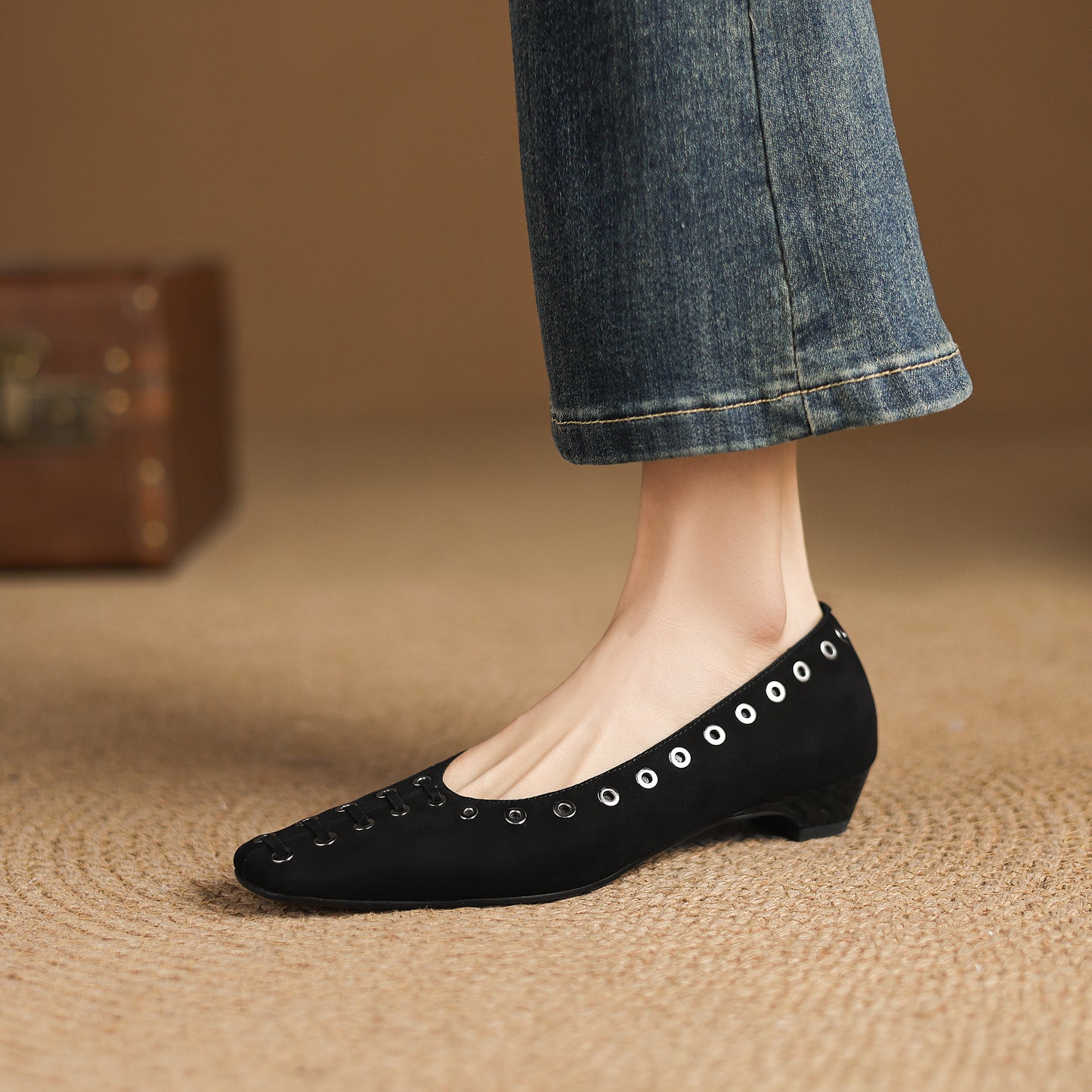 TinaCus Women's Ballet Flats Handmade Suede Leather Square Toe Hollow-Out Comfort Loafer Shoes Party Business