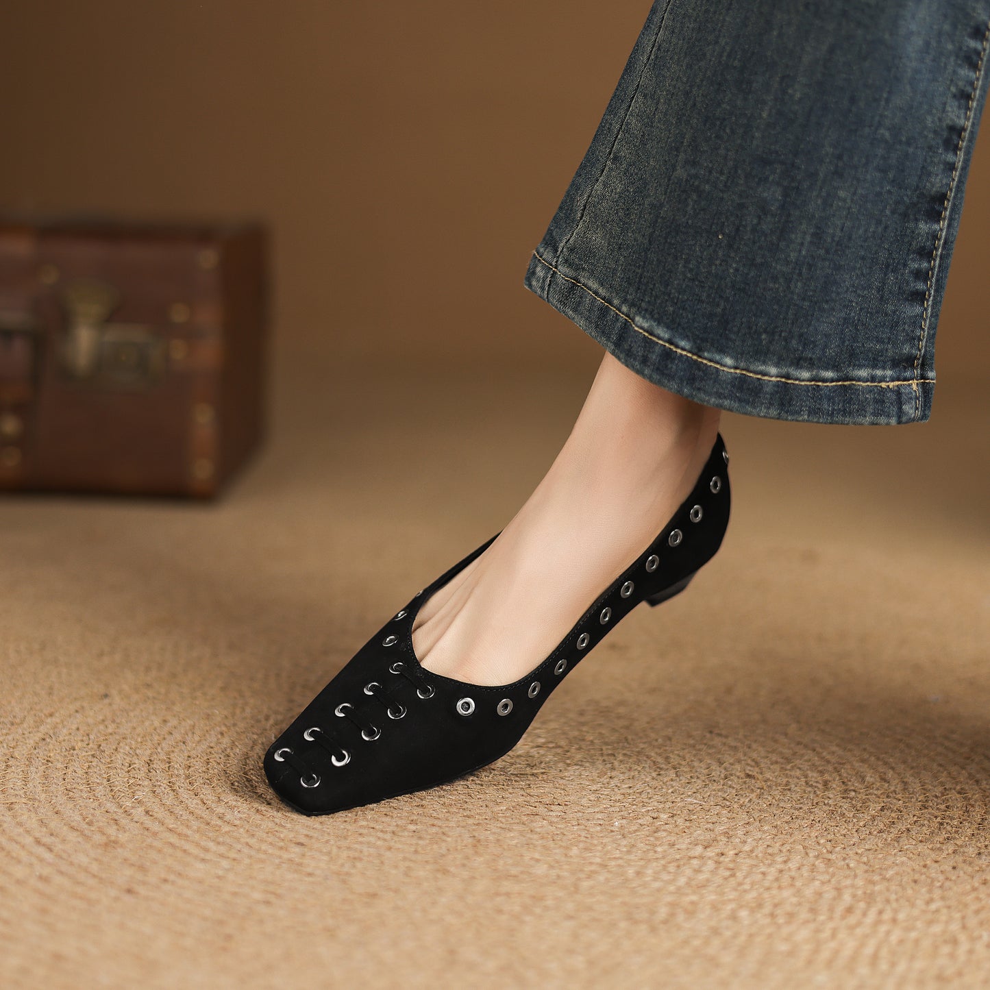 TinaCus Women's Ballet Flats Handmade Suede Leather Square Toe Hollow-Out Comfort Loafer Shoes Party Business