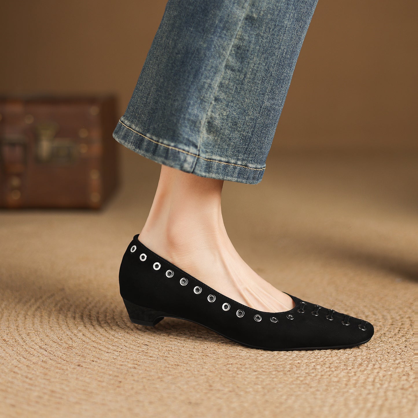 TinaCus Women's Ballet Flats Handmade Suede Leather Square Toe Hollow-Out Comfort Loafer Shoes Party Business