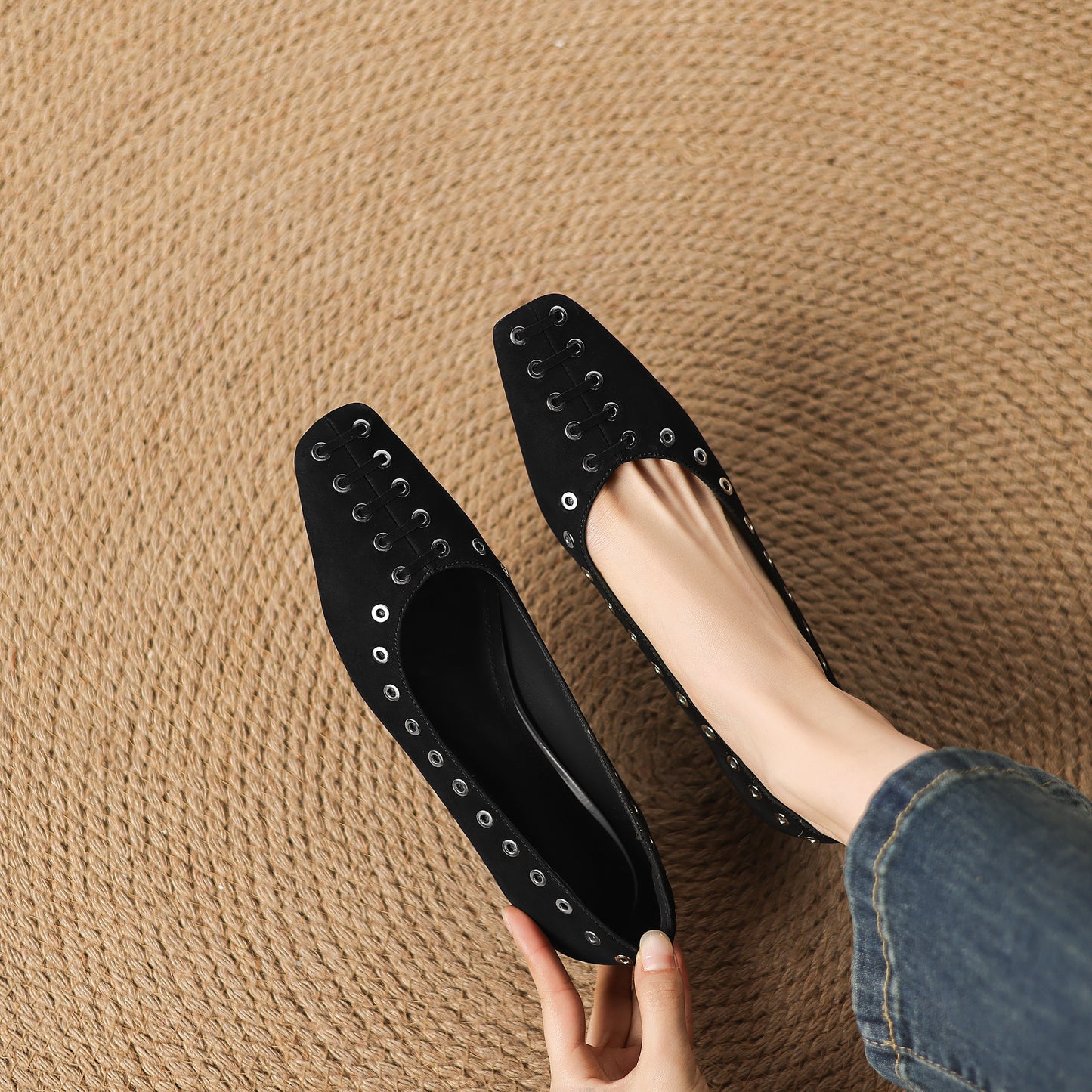 TinaCus Women's Ballet Flats Handmade Suede Leather Square Toe Hollow-Out Comfort Loafer Shoes Party Business