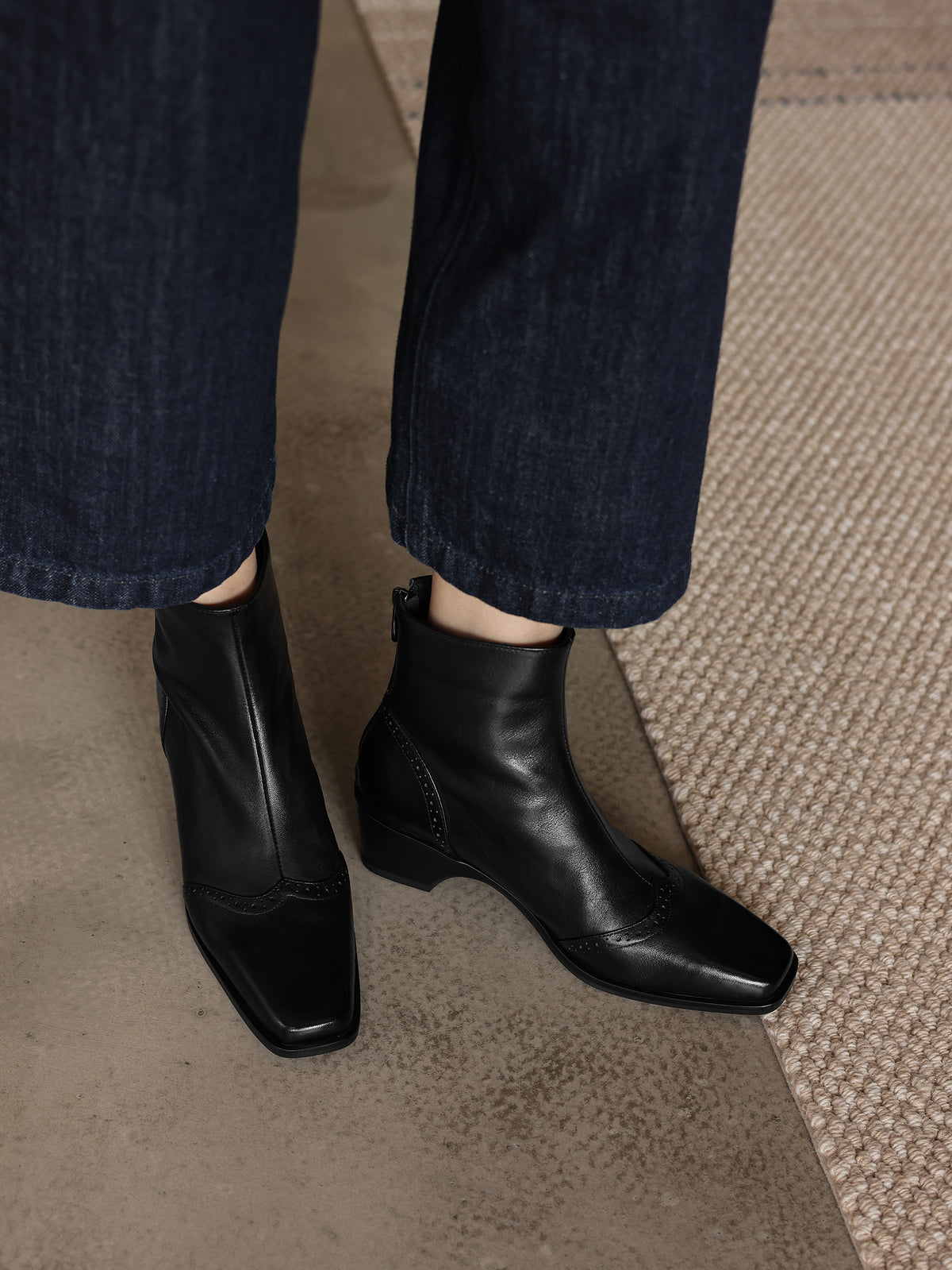TinaCus Women's Leather Back Zipper Brogue Ankle Boots Handmade Square Toe Block Heel Wingtip Detail