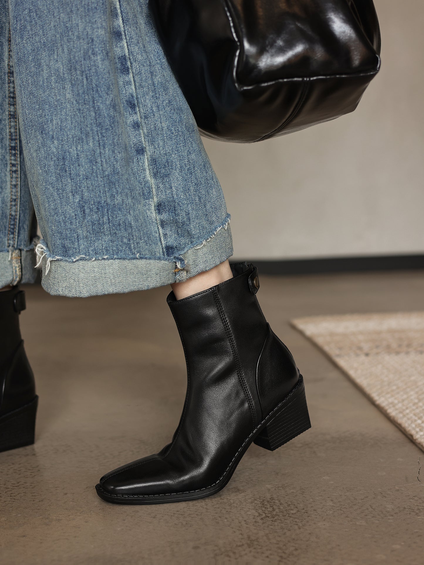 TinaCus Women's Leather Back Zipper Block Heel Ankle Boots Genuine Leather Handmade Square Toe Stacked Block Heel Dress Boots