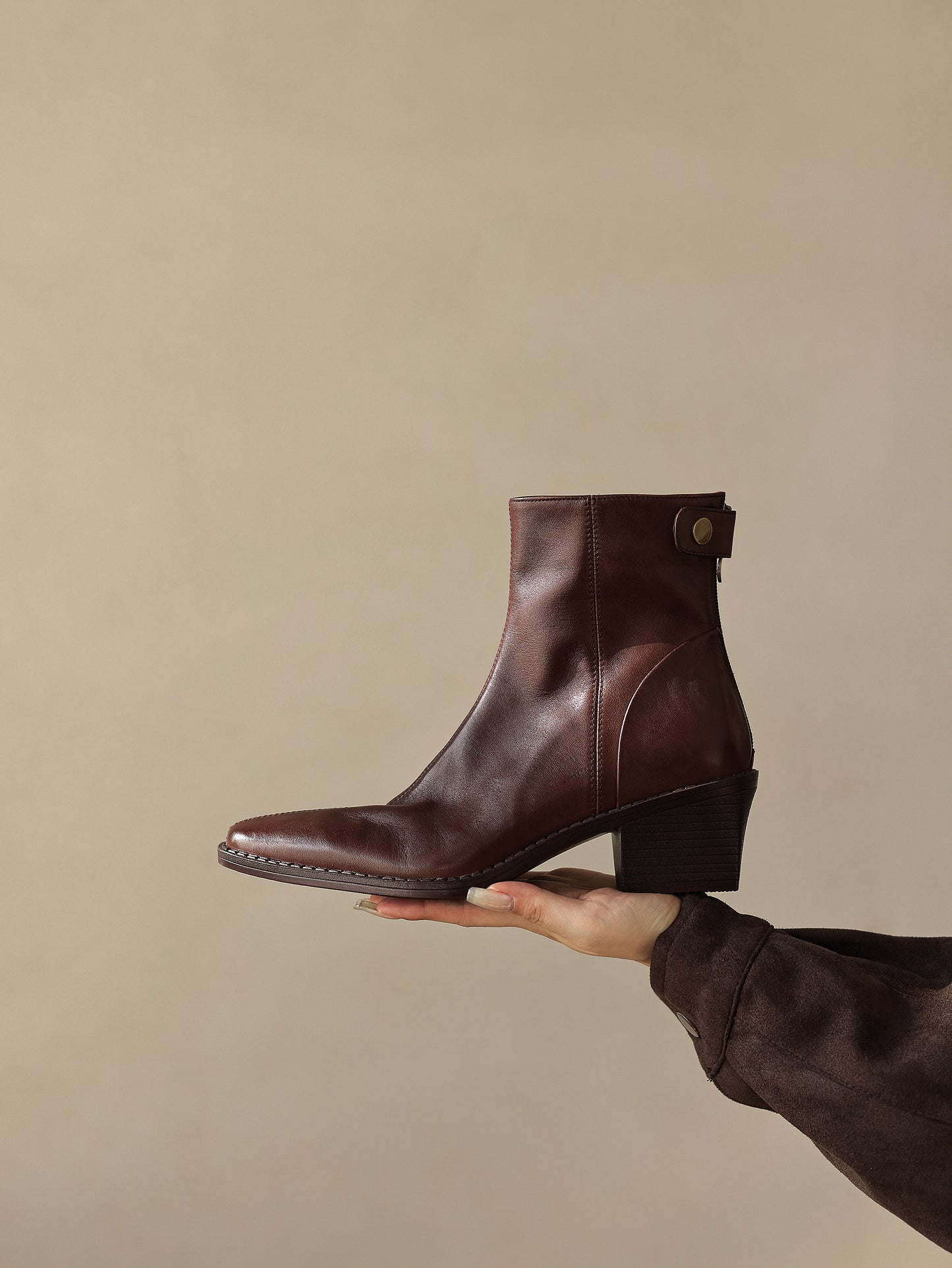 TinaCus Women's Leather Back Zipper Block Heel Ankle Boots Genuine Leather Handmade Square Toe Stacked Block Heel Dress Boots