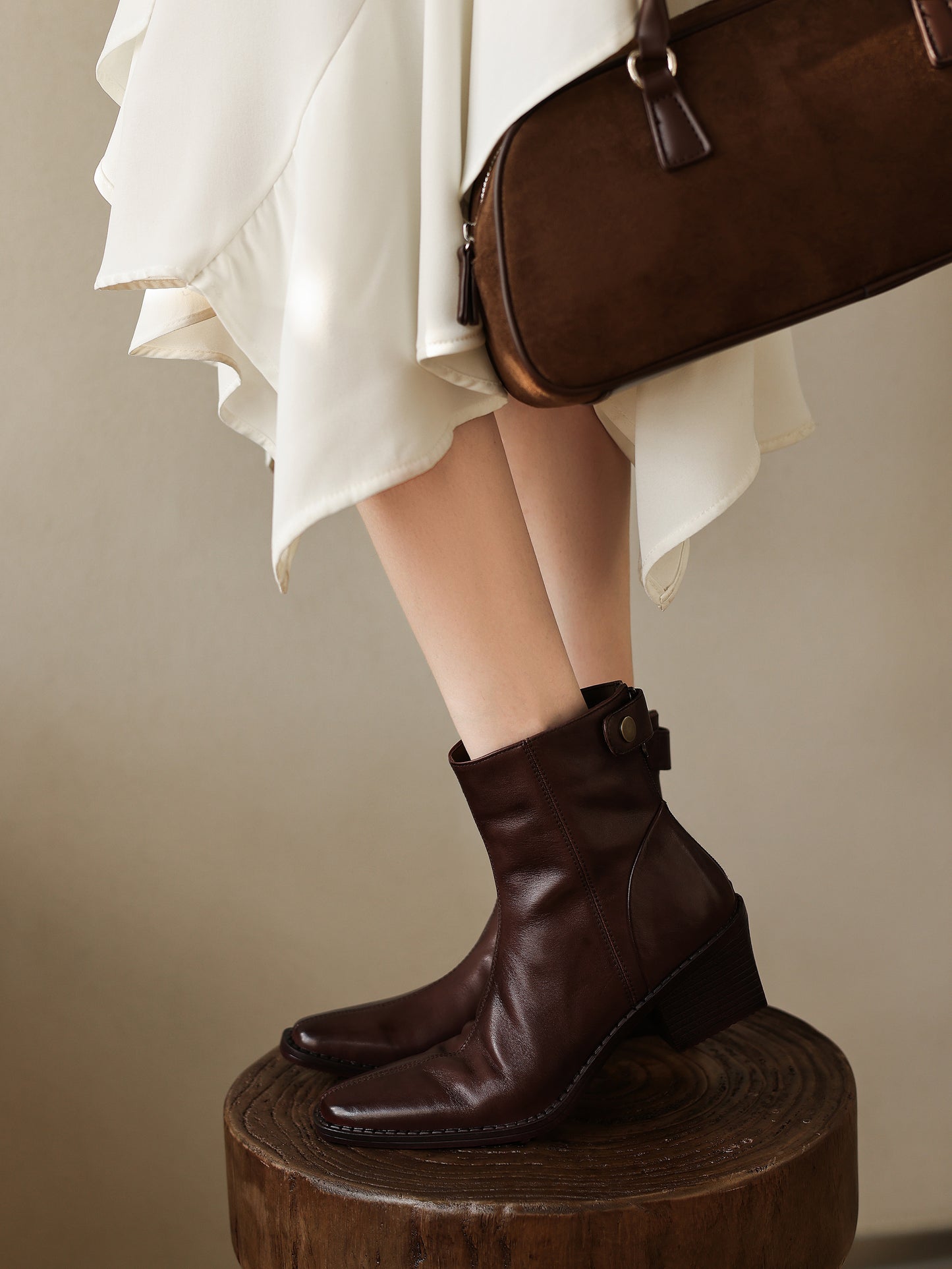 TinaCus Women's Leather Back Zipper Block Heel Ankle Boots Genuine Leather Handmade Square Toe Stacked Block Heel Dress Boots