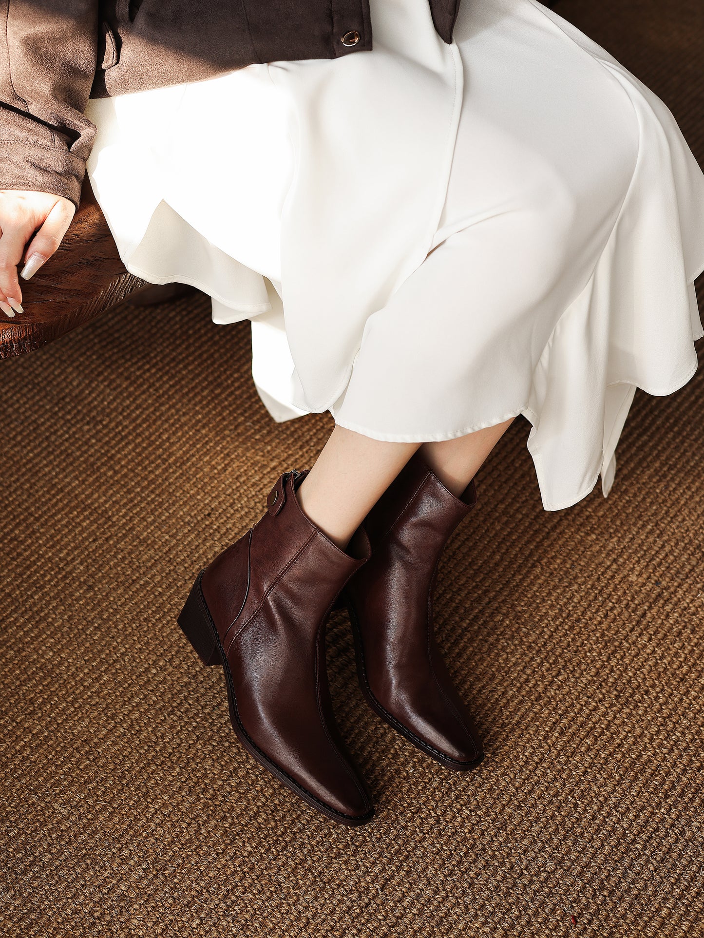 TinaCus Women's Leather Back Zipper Block Heel Ankle Boots Genuine Leather Handmade Square Toe Stacked Block Heel Dress Boots
