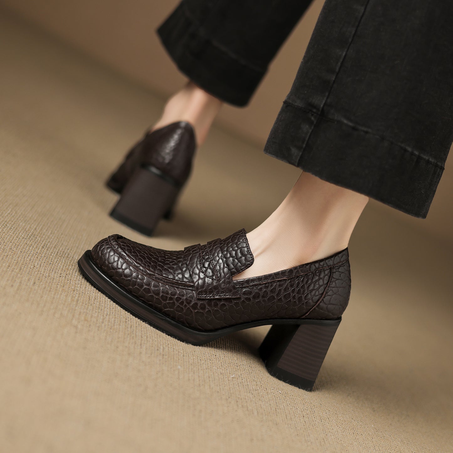 TinaCus Women's Penny Loafer Handmade Embossed Leather Round Toe Block High Heel Office Business Pump Shoes