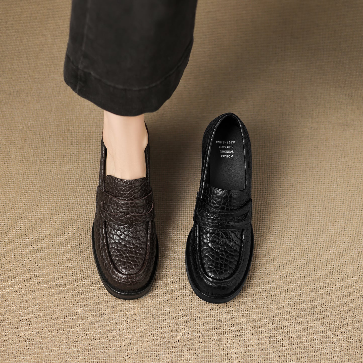 TinaCus Women's Penny Loafer Handmade Embossed Leather Round Toe Block High Heel Office Business Pump Shoes