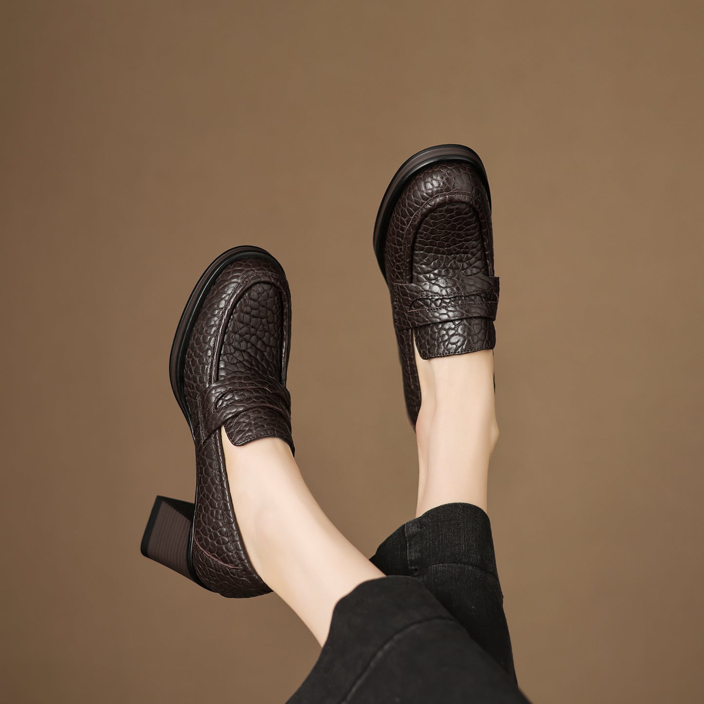 TinaCus Women's Penny Loafer Handmade Embossed Leather Round Toe Block High Heel Office Business Pump Shoes