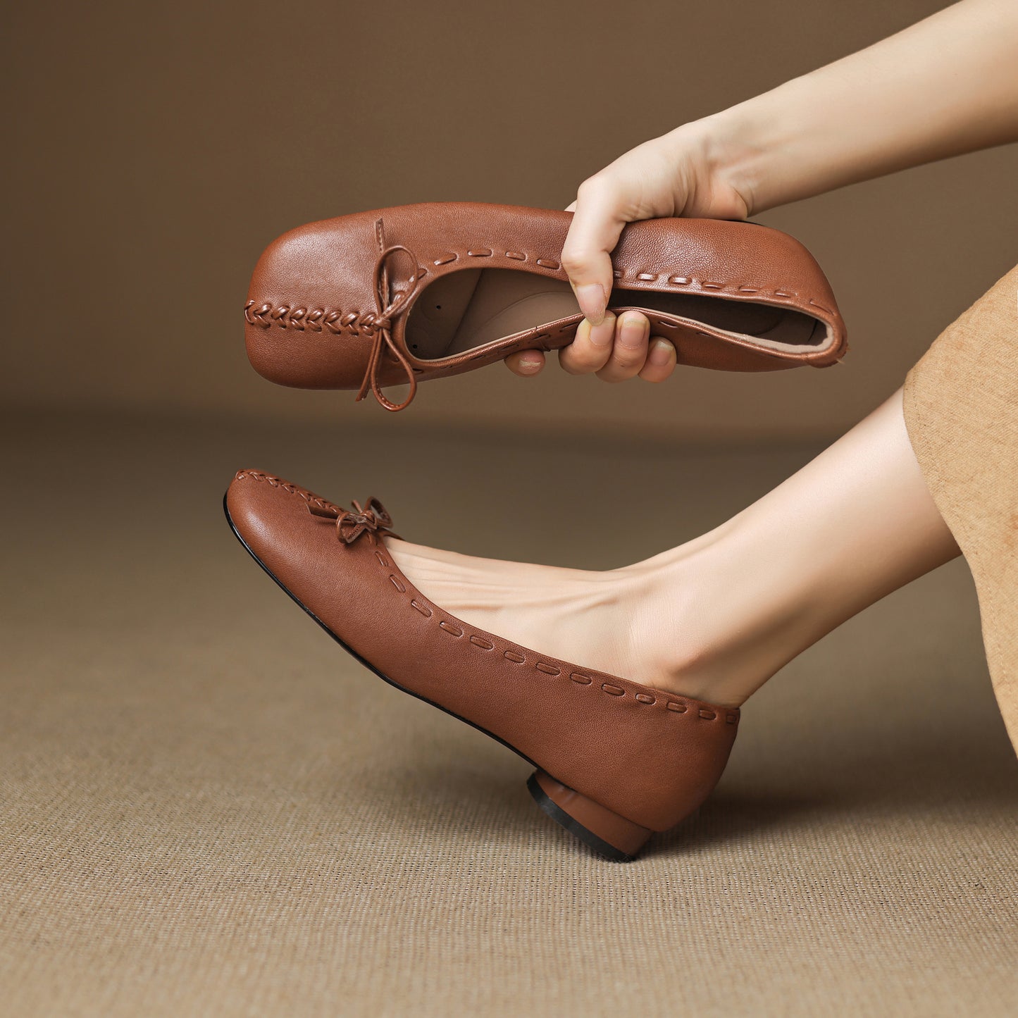 TinaCus Handmade Women's Genuine Leather Square Toe Stitching Office Dress Ballet Flats Shoes with Bowknot