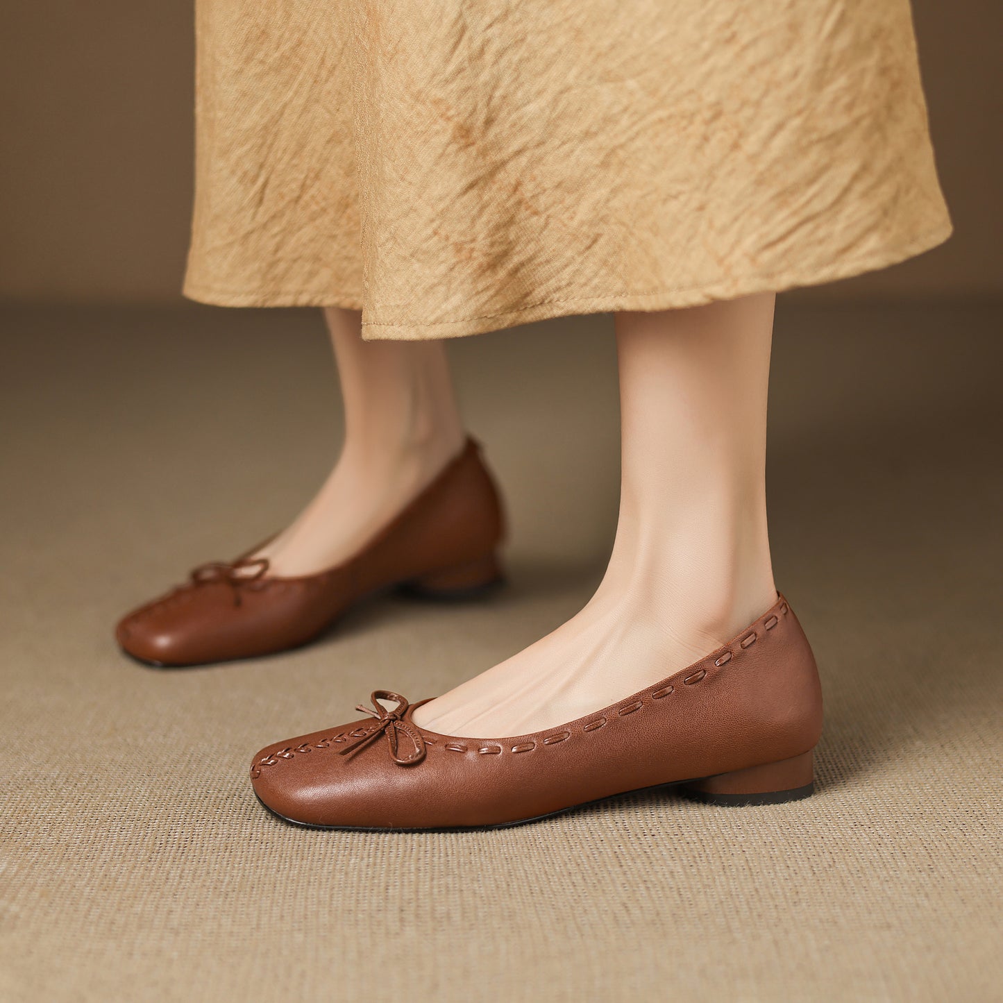 TinaCus Handmade Women's Genuine Leather Square Toe Stitching Office Dress Ballet Flats Shoes with Bowknot