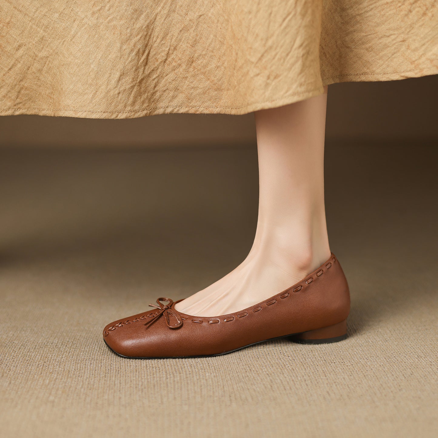 TinaCus Handmade Women's Genuine Leather Square Toe Stitching Office Dress Ballet Flats Shoes with Bowknot