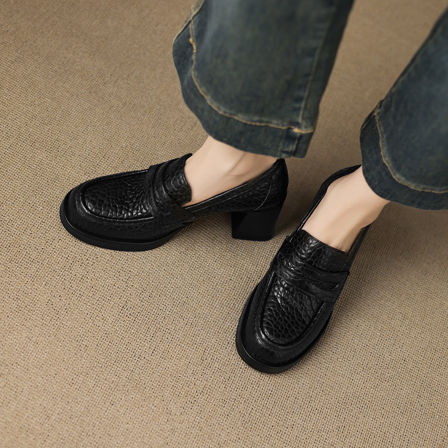 TinaCus Women's Penny Loafer Handmade Embossed Leather Round Toe Block High Heel Office Business Pump Shoes