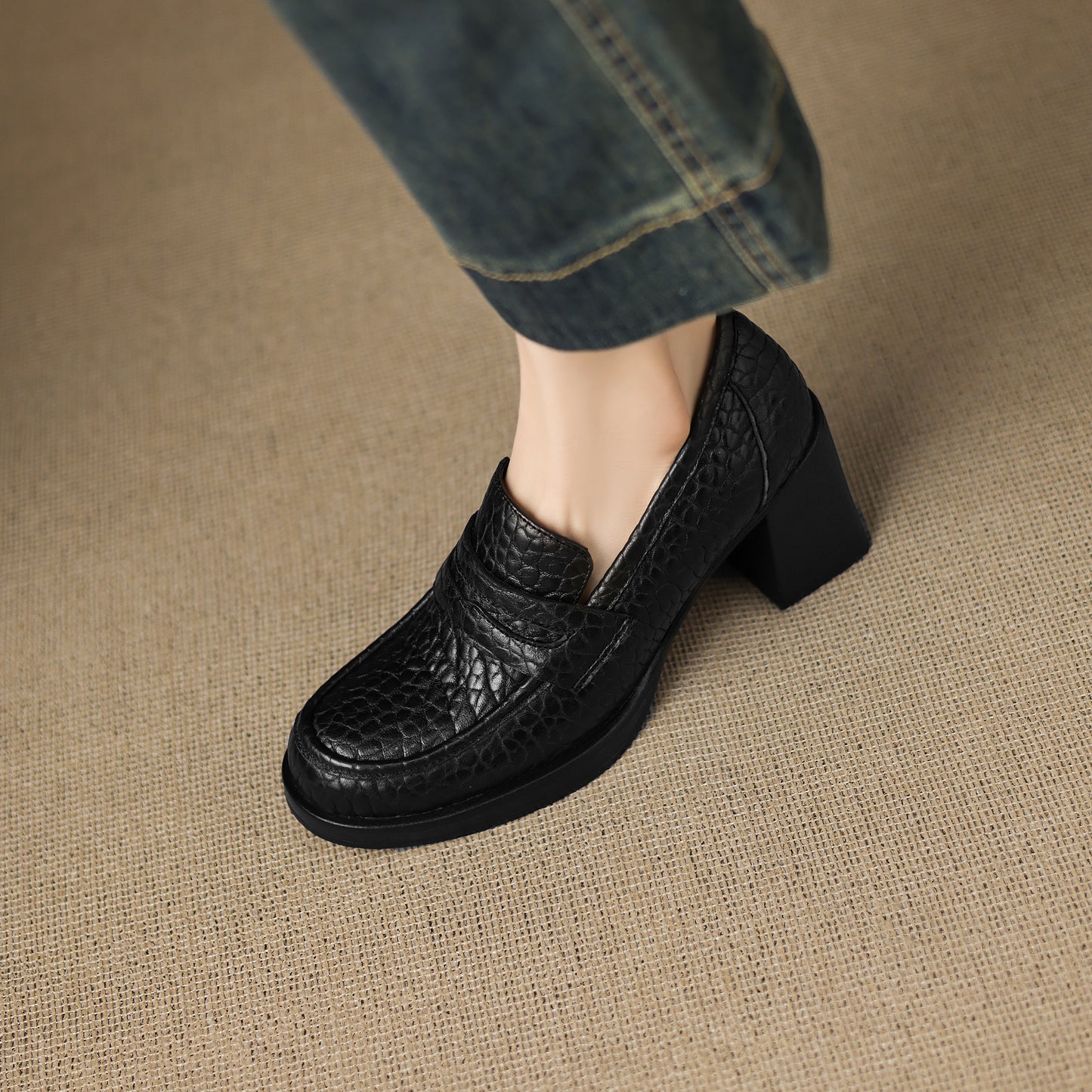 TinaCus Women's Penny Loafer Handmade Embossed Leather Round Toe Block High Heel Office Business Pump Shoes