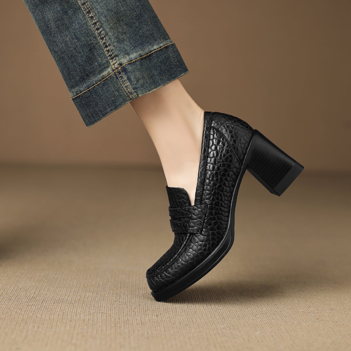 TinaCus Women's Penny Loafer Handmade Embossed Leather Round Toe Block High Heel Office Business Pump Shoes