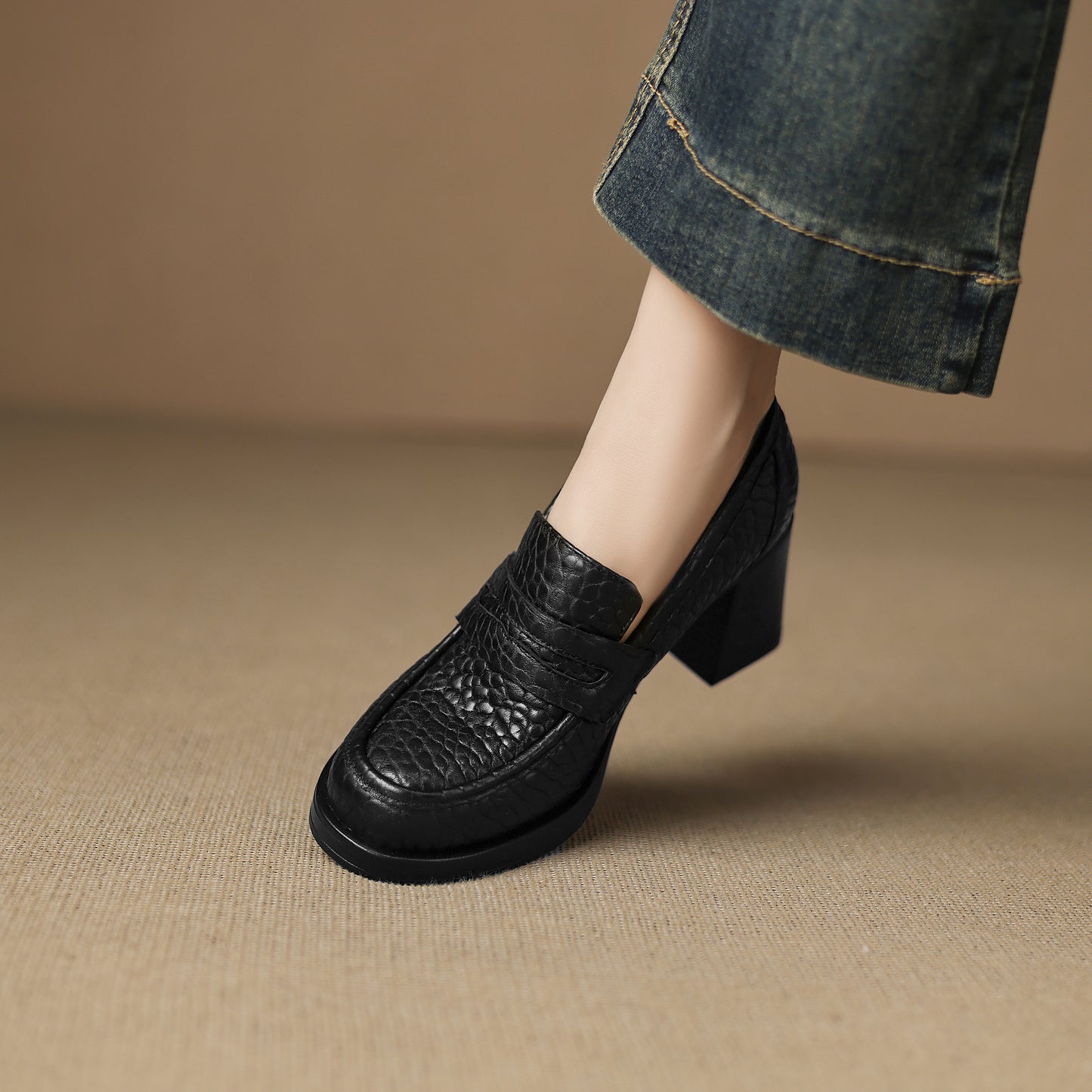 TinaCus Women's Penny Loafer Handmade Embossed Leather Round Toe Block High Heel Office Business Pump Shoes