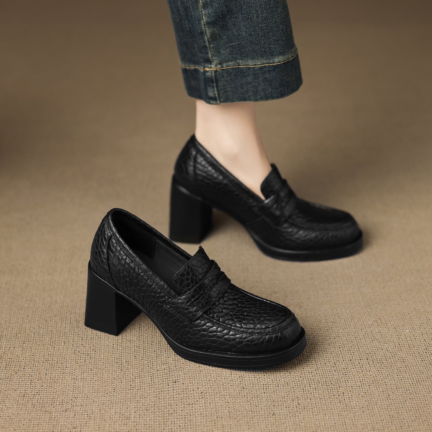 TinaCus Women's Penny Loafer Handmade Embossed Leather Round Toe Block High Heel Office Business Pump Shoes