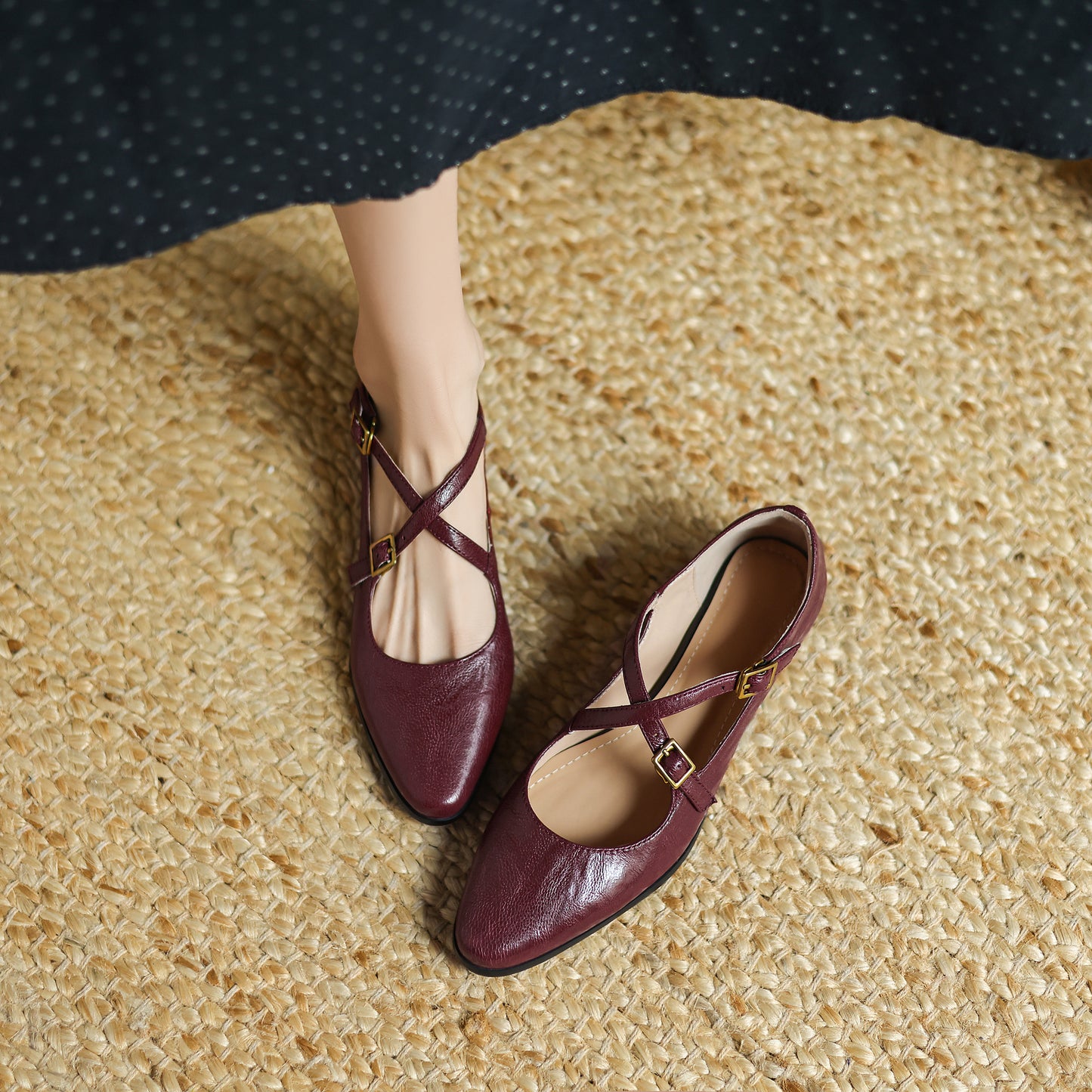 TinaCus Handmade Women's Genuine Leather Round Toe Metal Crossover Buckle Classic Mary Jane Flats