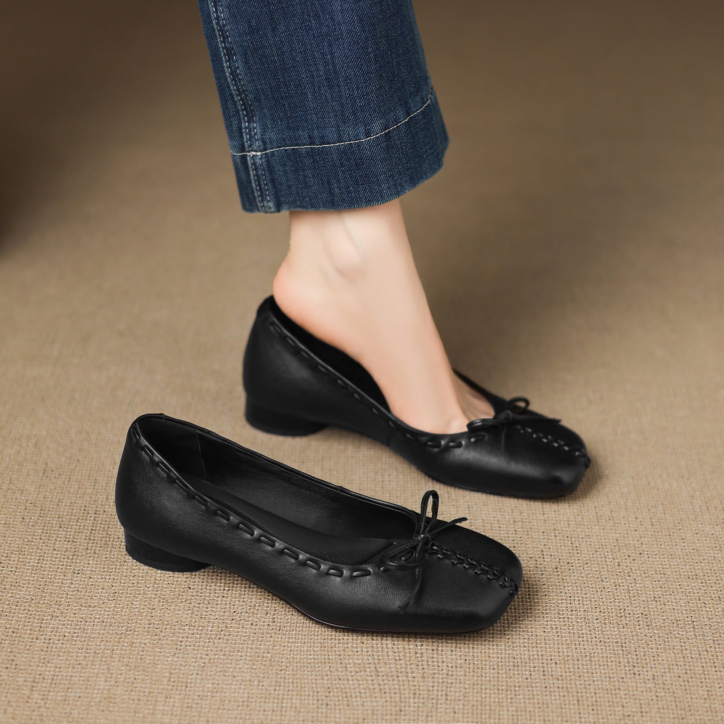 TinaCus Handmade Women's Genuine Leather Square Toe Stitching Office Dress Ballet Flats Shoes with Bowknot