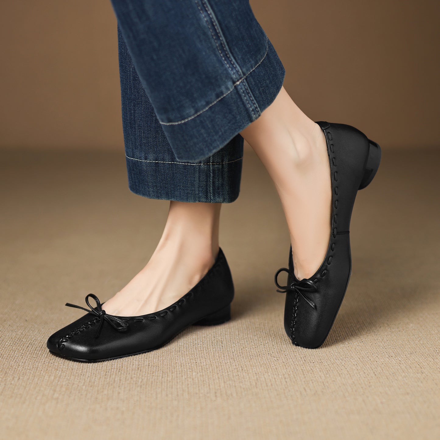 TinaCus Handmade Women's Genuine Leather Square Toe Stitching Office Dress Ballet Flats Shoes with Bowknot