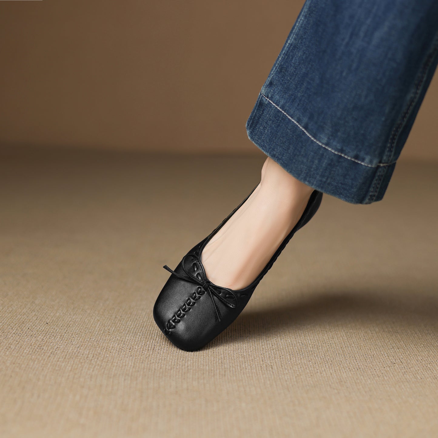 TinaCus Handmade Women's Genuine Leather Square Toe Stitching Office Dress Ballet Flats Shoes with Bowknot