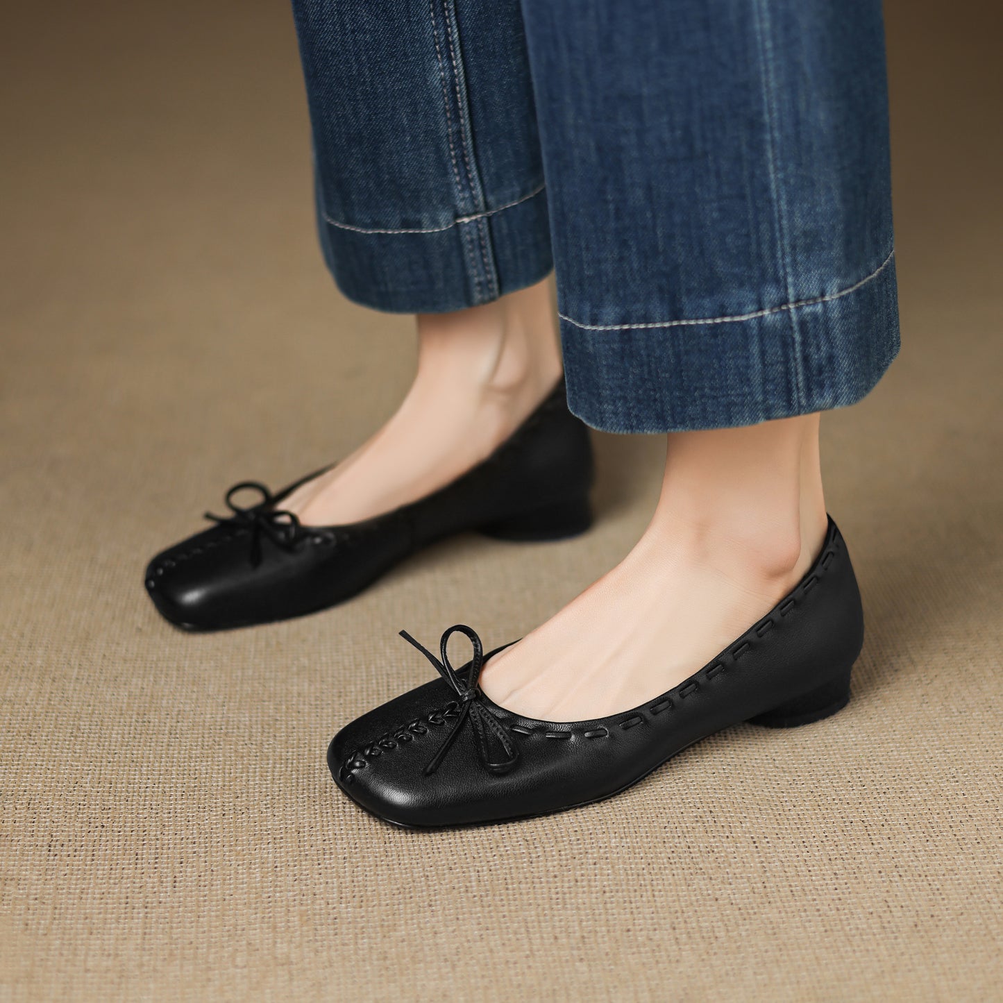 TinaCus Handmade Women's Genuine Leather Square Toe Stitching Office Dress Ballet Flats Shoes with Bowknot