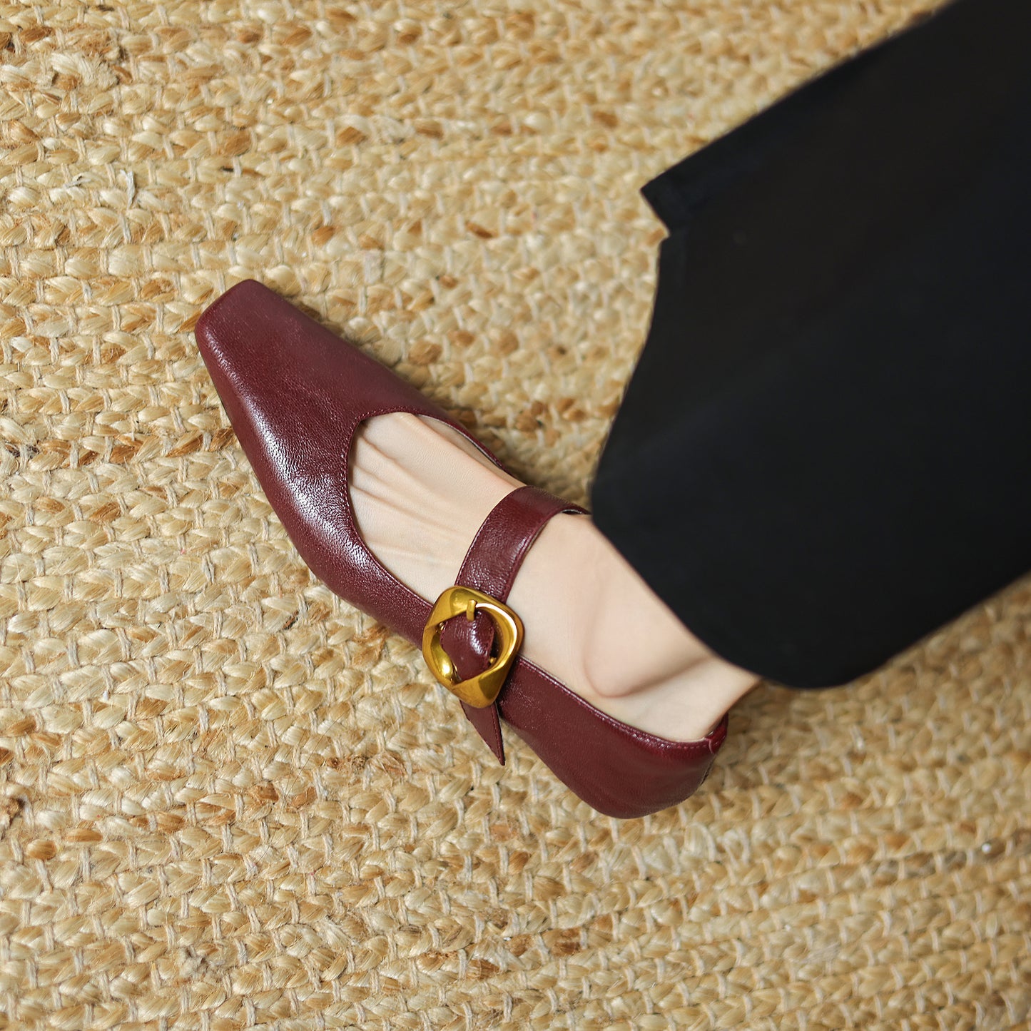 TinaCus Handmade Women's Genuine Leather Square Toe Metal Buckle Mary Jane Ballet Flats