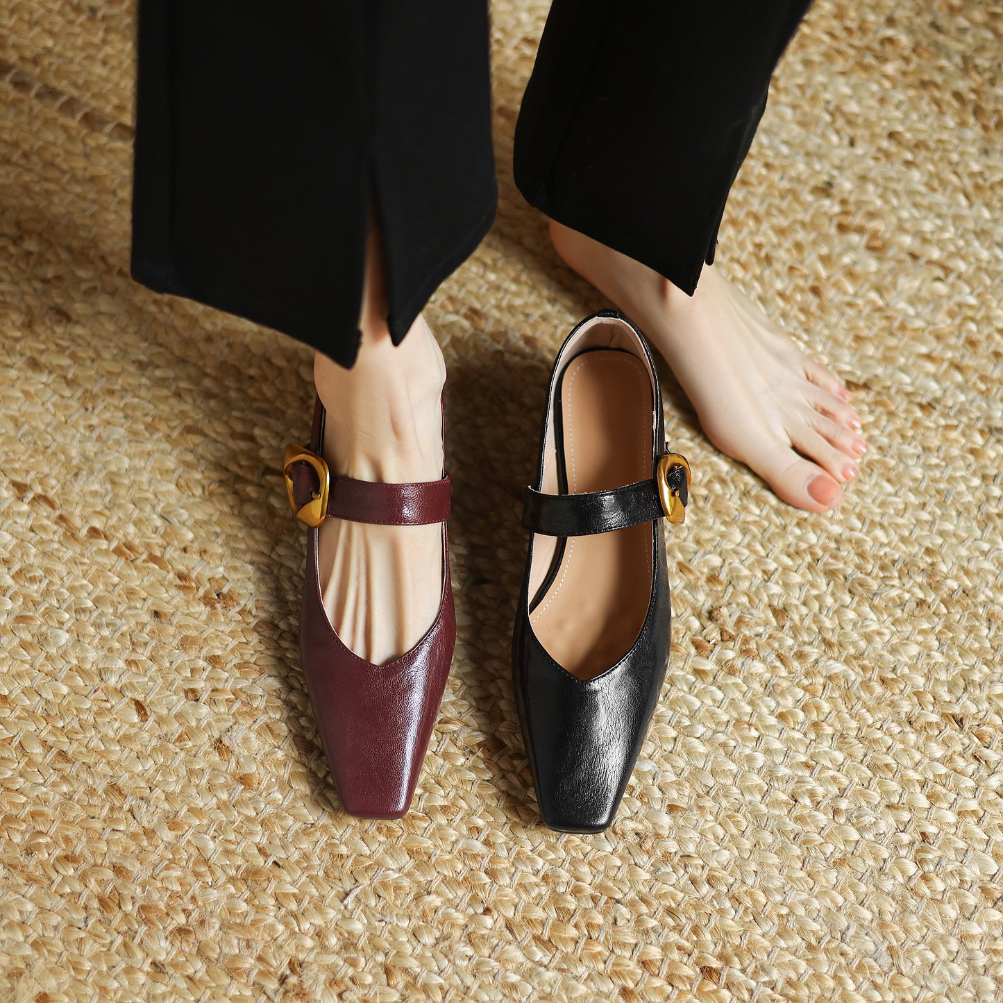 TinaCus Handmade Women's Genuine Leather Square Toe Metal Buckle Mary Jane Ballet Flats