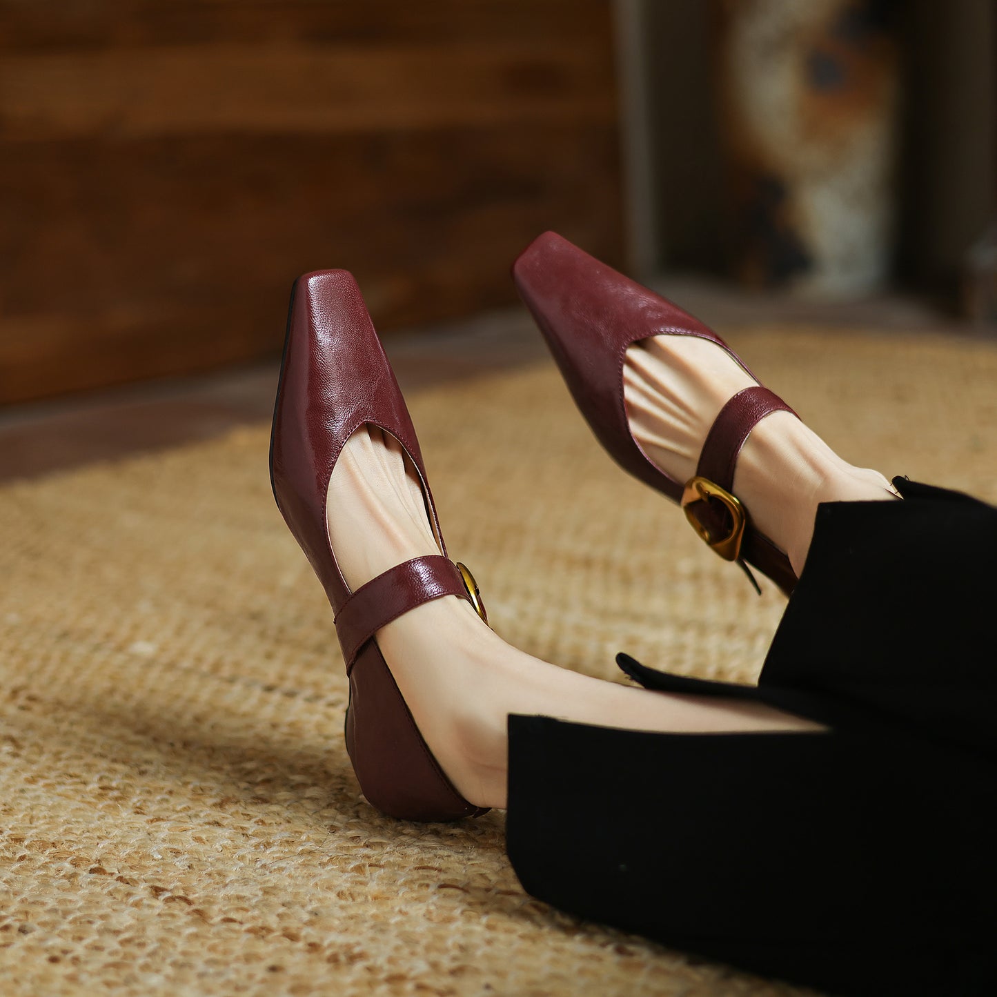 TinaCus Handmade Women's Genuine Leather Square Toe Metal Buckle Mary Jane Ballet Flats