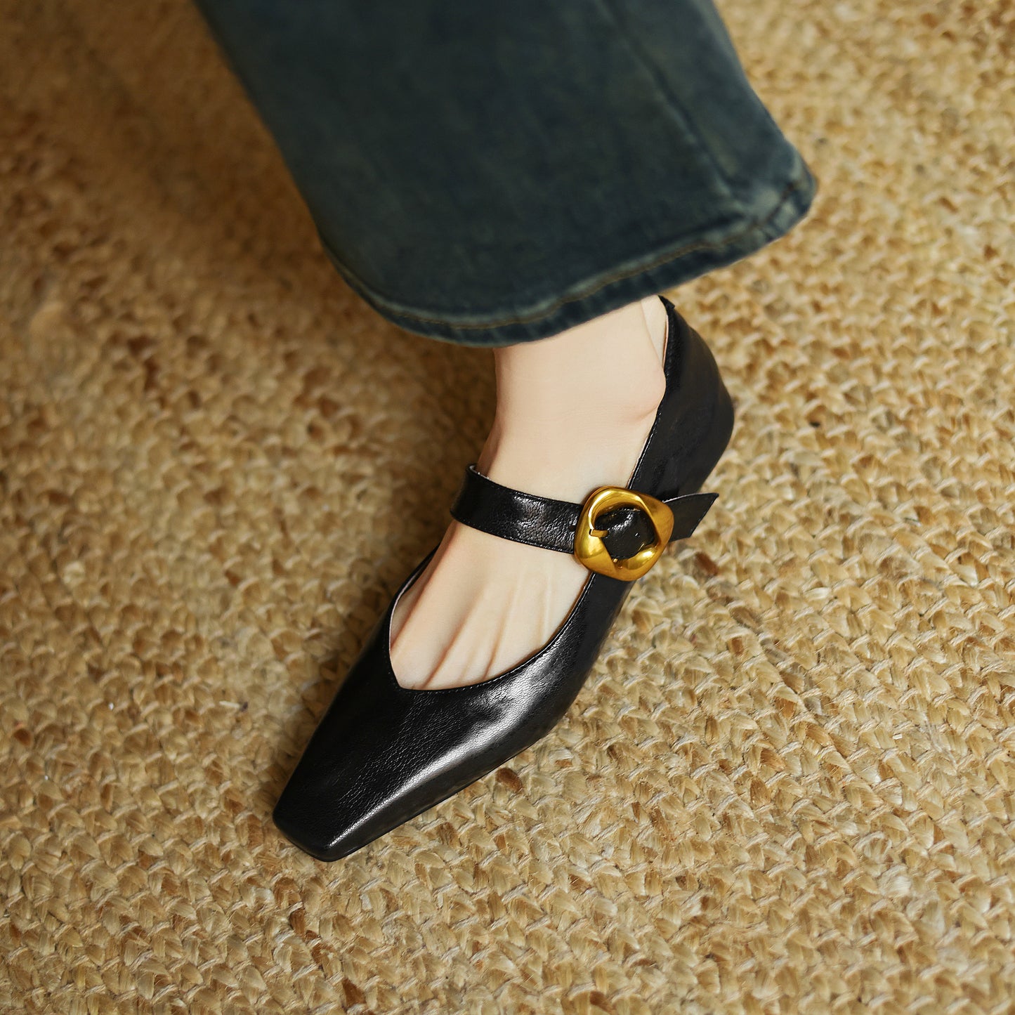 TinaCus Handmade Women's Genuine Leather Square Toe Metal Buckle Mary Jane Ballet Flats