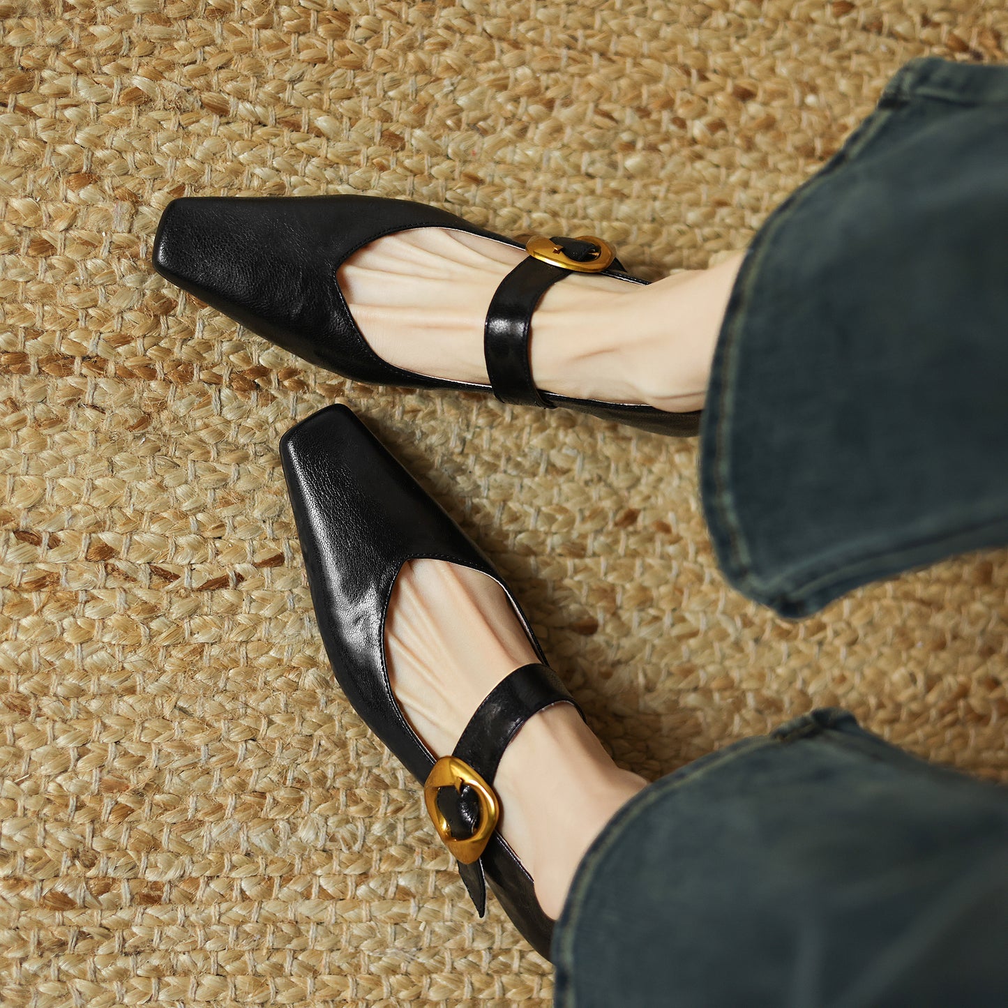 TinaCus Handmade Women's Genuine Leather Square Toe Metal Buckle Mary Jane Ballet Flats